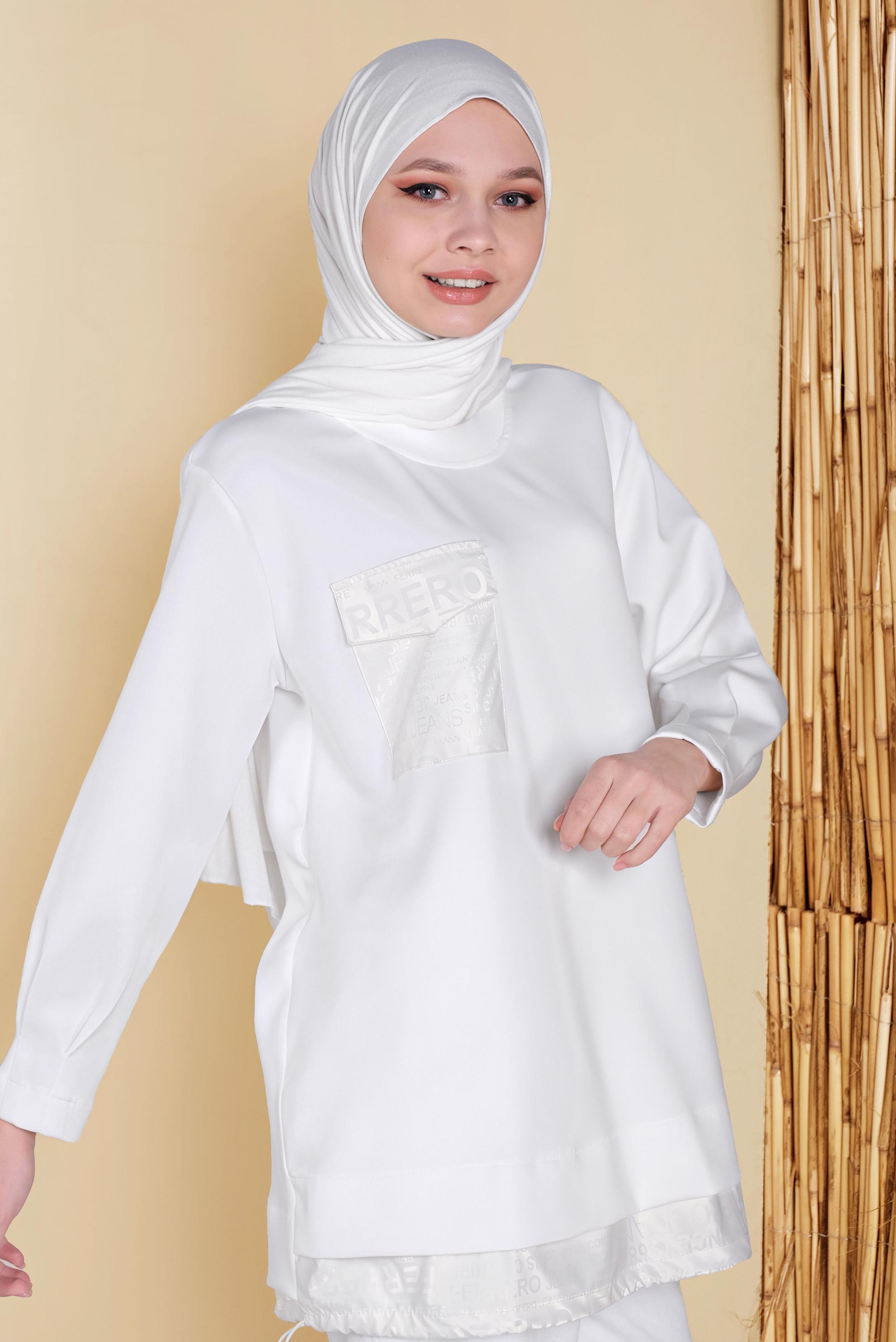 Tesettür giyim BEYAZ CEP DETAYLI TUNİK 41810 