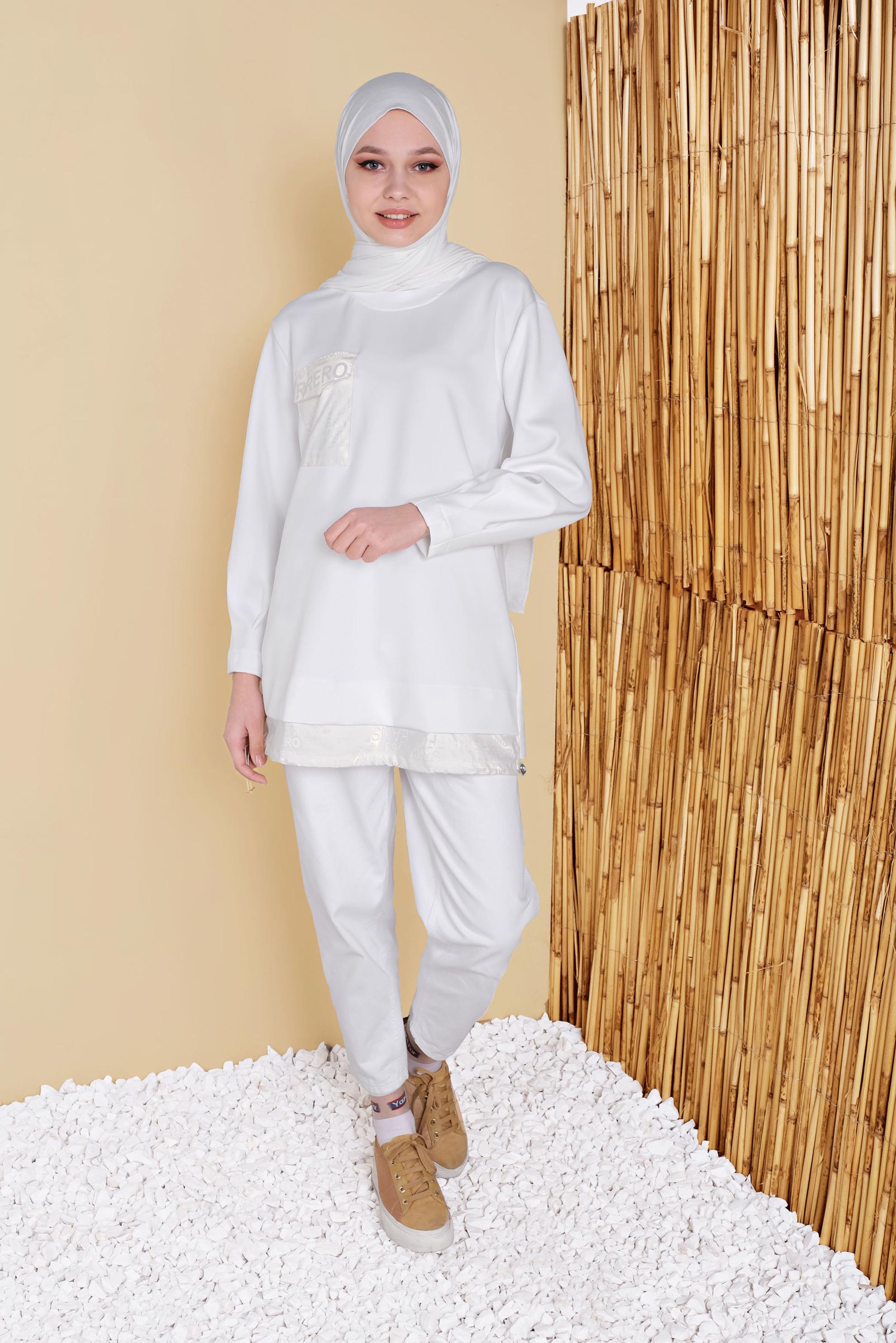 Tesettür giyim BEYAZ CEP DETAYLI TUNİK 41810 