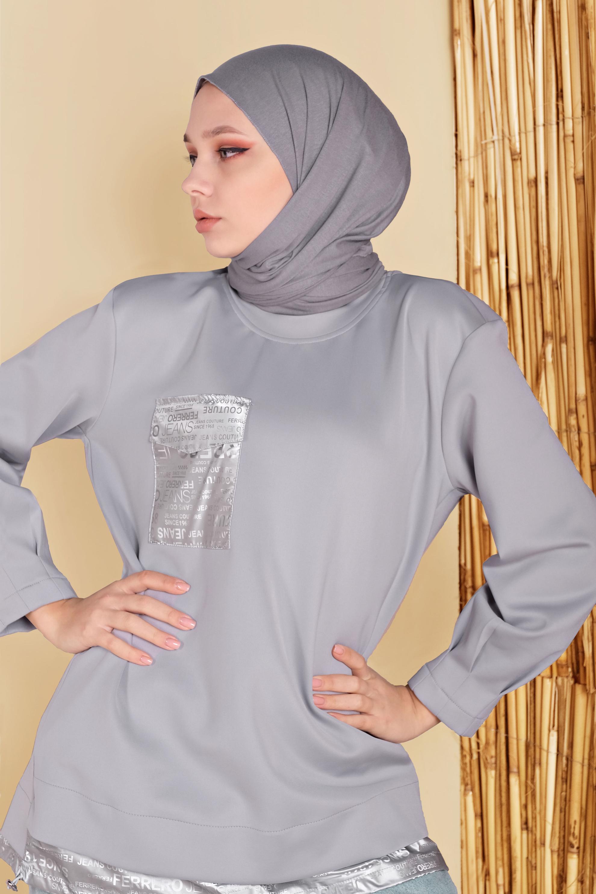 Tesettür giyim GRİ CEP DETAYLI TUNİK 41810 