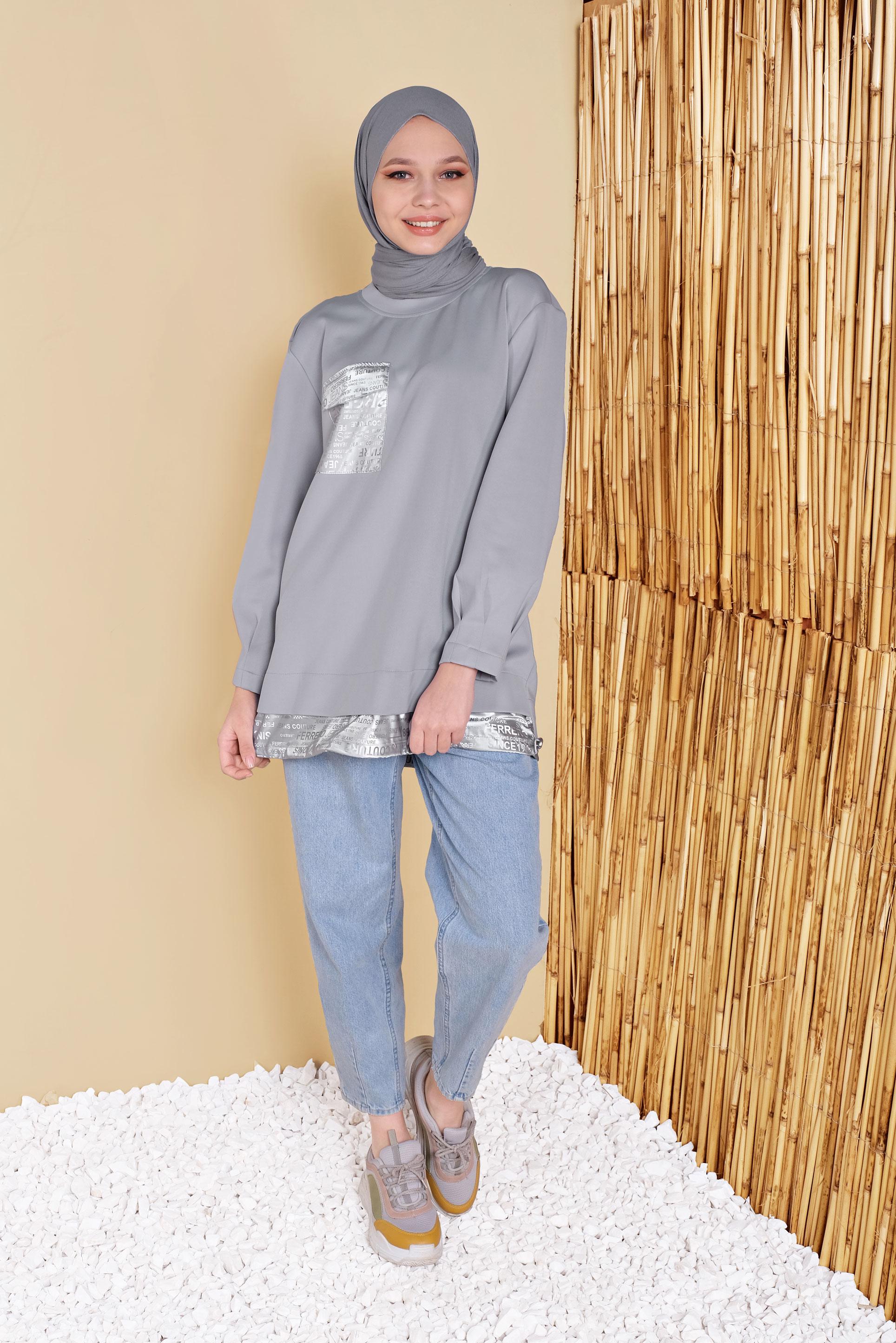 Tesettür giyim GRİ CEP DETAYLI TUNİK 41810 