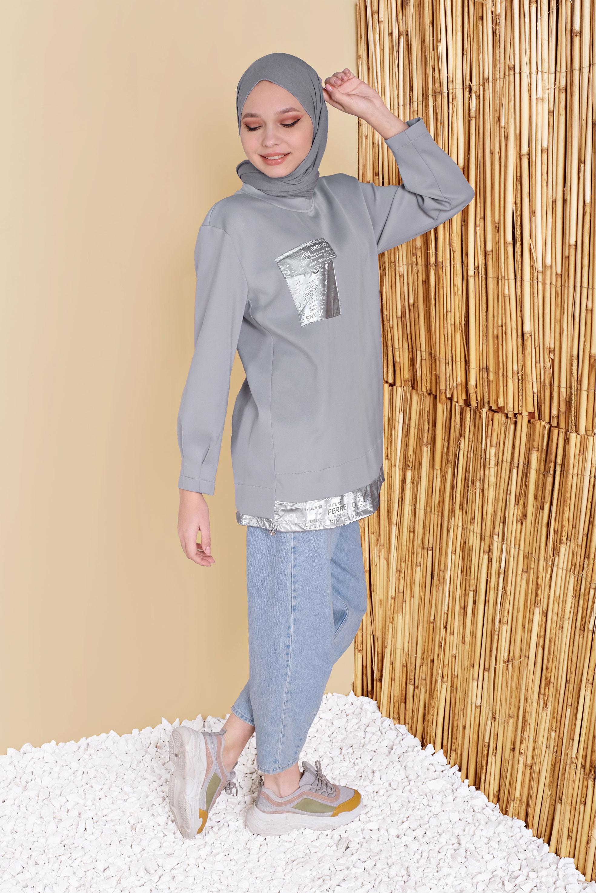 Tesettür giyim GRİ CEP DETAYLI TUNİK 41810 