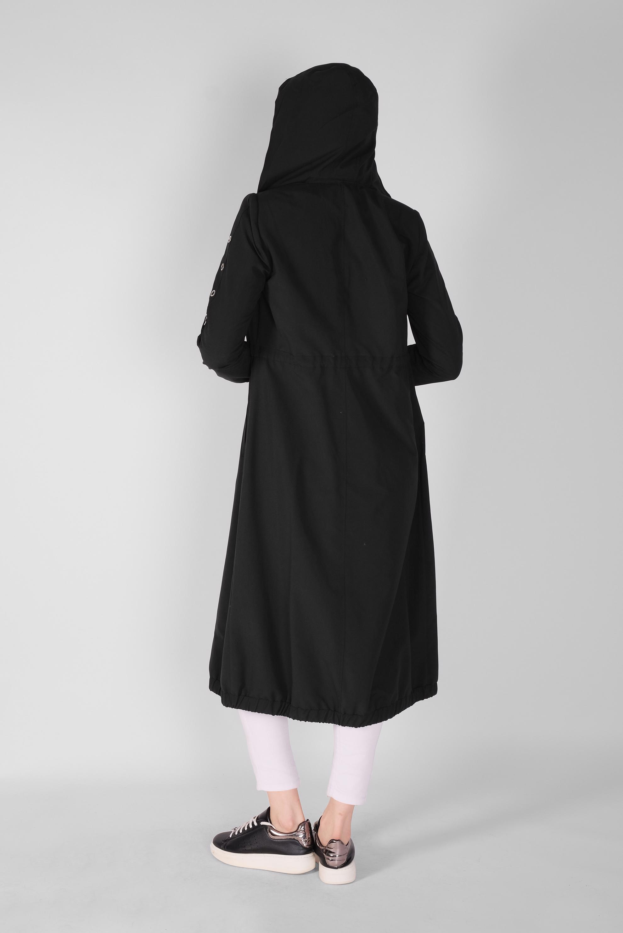 Tesettür giyim SİYAH BELİ BAĞCIKLI KAPÜŞONU ÇİZGİ DETAYLI  TRENÇKOT  10258 