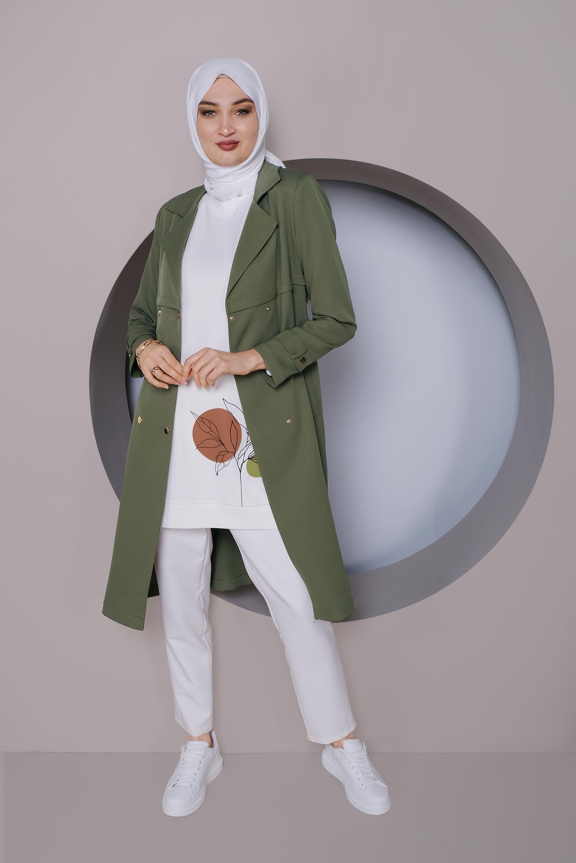 Tesettür giyim HAKİ ÇITÇITLI KEMERLİ TRENÇKOT 10322