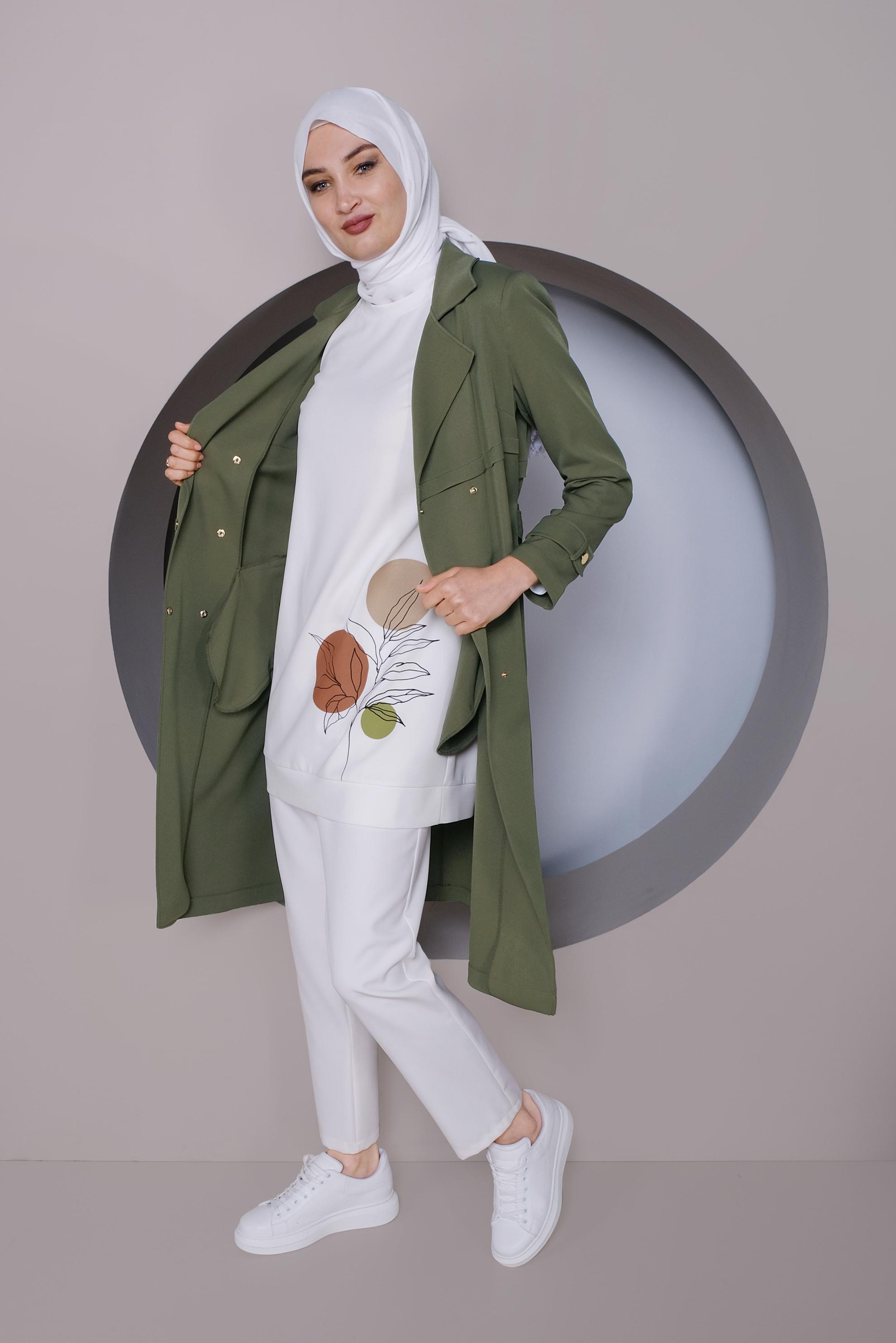 Tesettür giyim HAKİ ÇITÇITLI KEMERLİ TRENÇKOT 10322