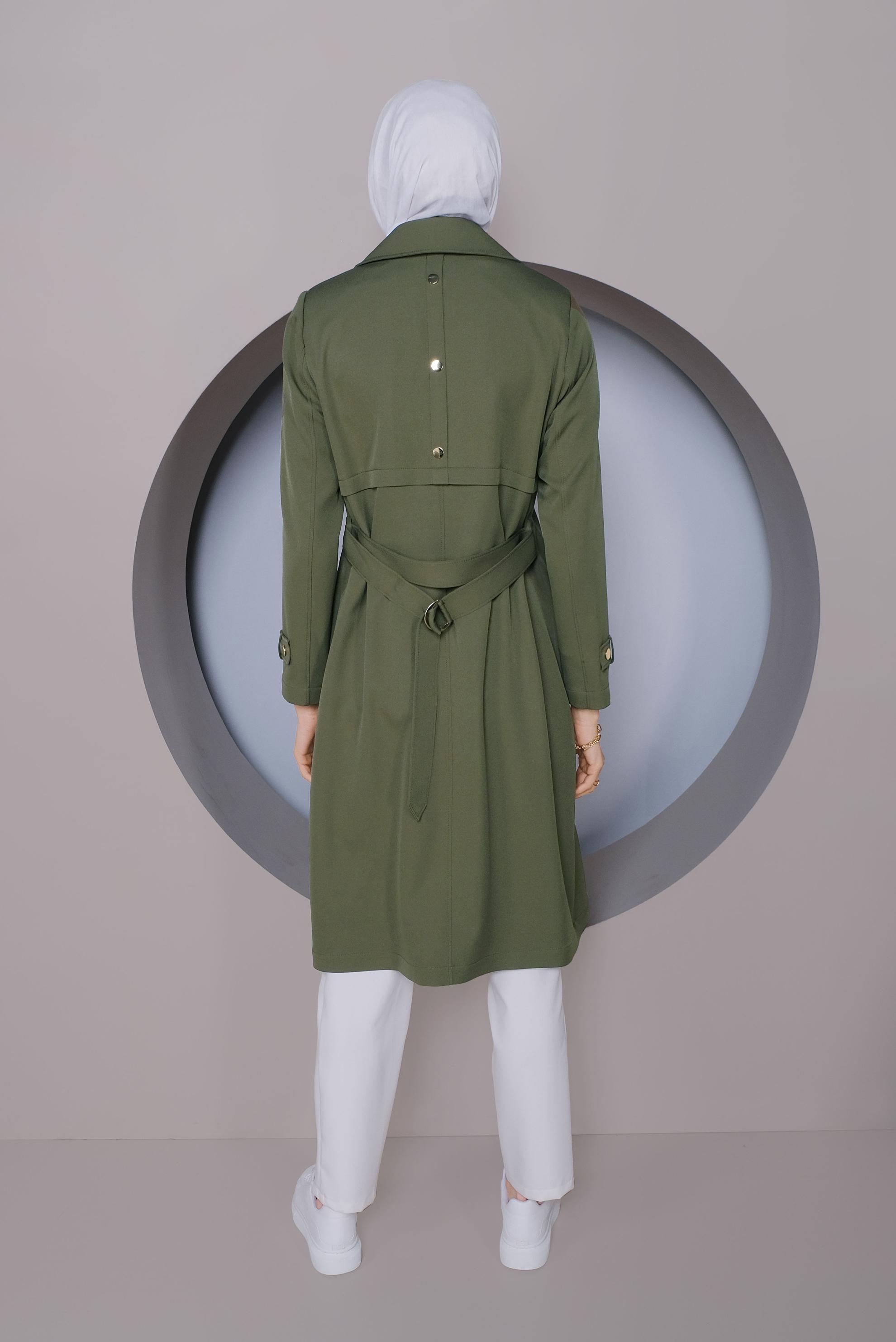 Tesettür giyim HAKİ ÇITÇITLI KEMERLİ TRENÇKOT 10322