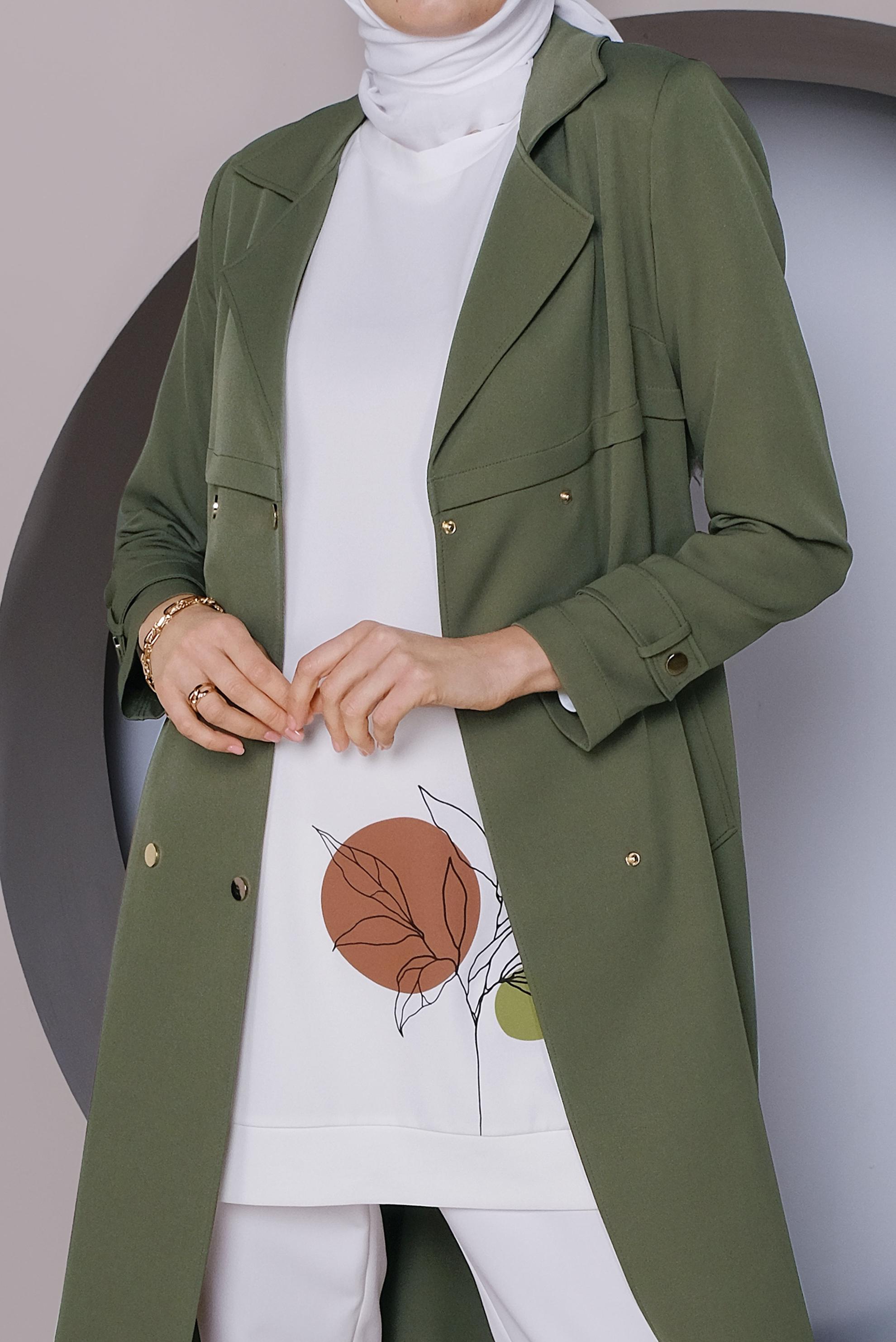 Tesettür giyim HAKİ ÇITÇITLI KEMERLİ TRENÇKOT 10322