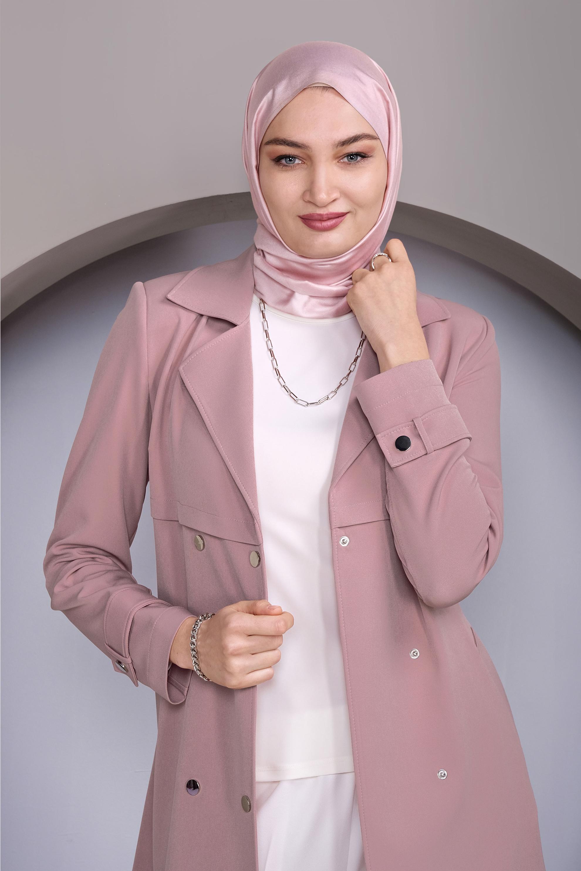 Tesettür giyim PUDRA ÇITÇITLI KEMERLİ TRENÇKOT 10322