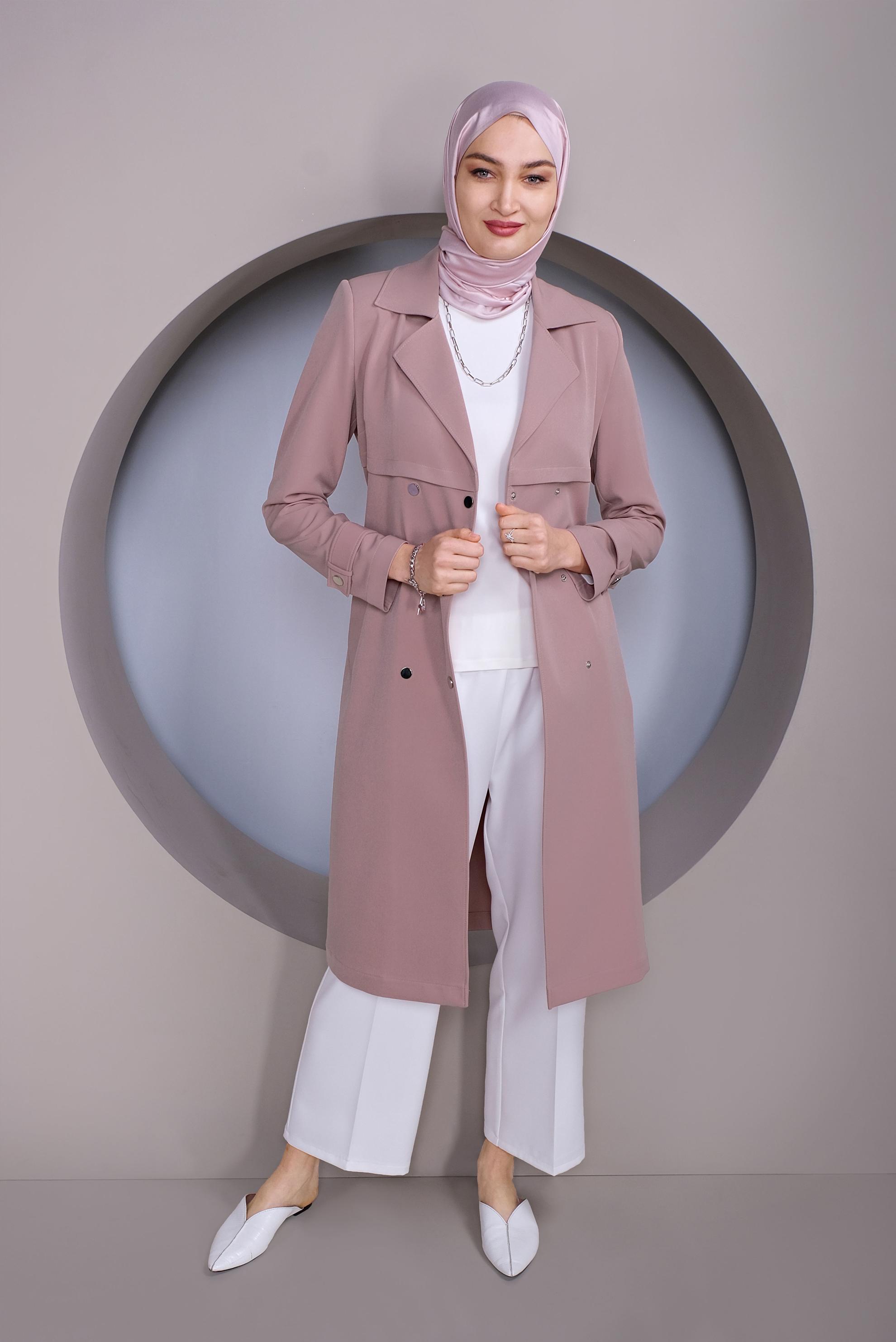 Tesettür giyim PUDRA ÇITÇITLI KEMERLİ TRENÇKOT 10322