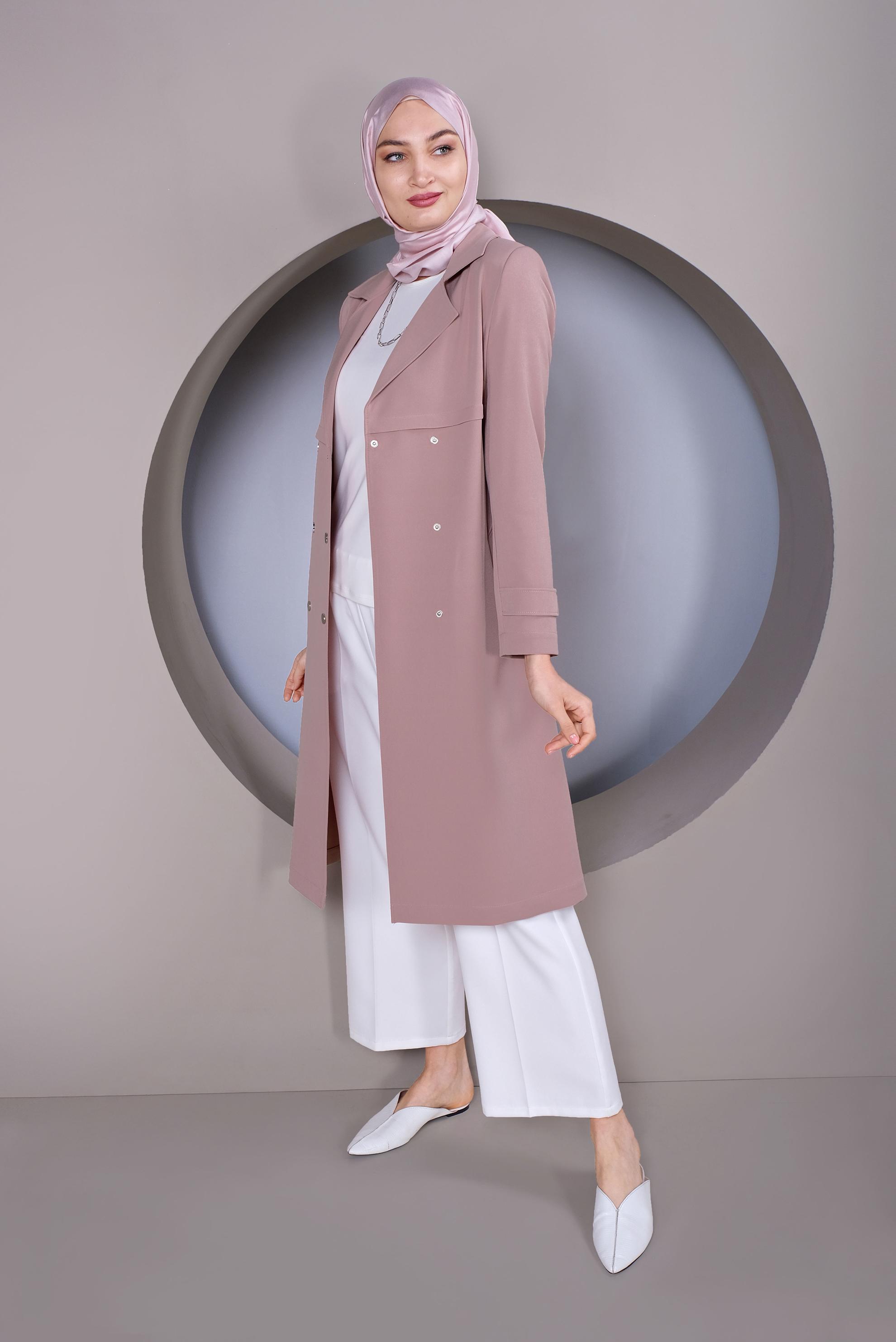 Tesettür giyim PUDRA ÇITÇITLI KEMERLİ TRENÇKOT 10322