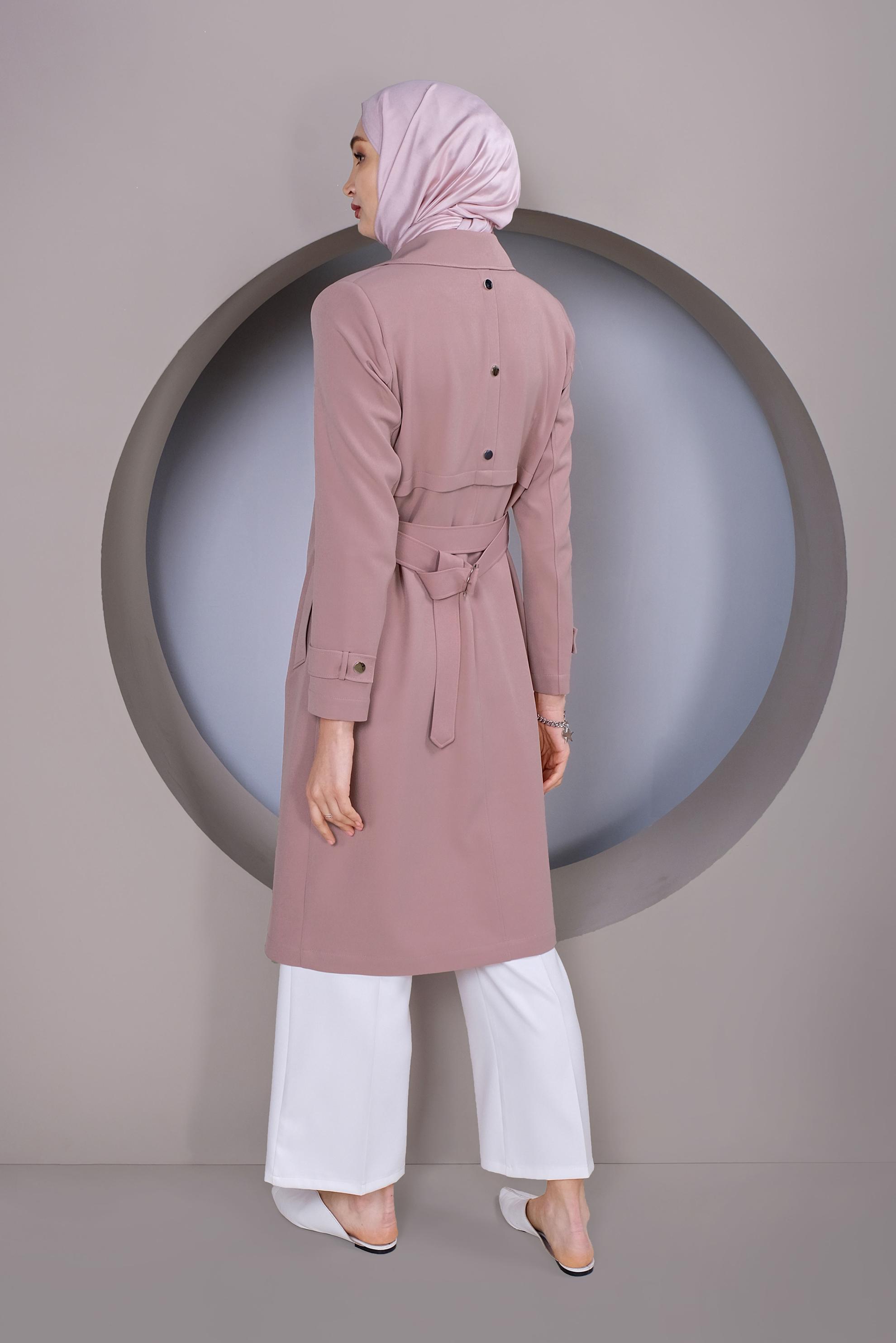 Tesettür giyim PUDRA ÇITÇITLI KEMERLİ TRENÇKOT 10322
