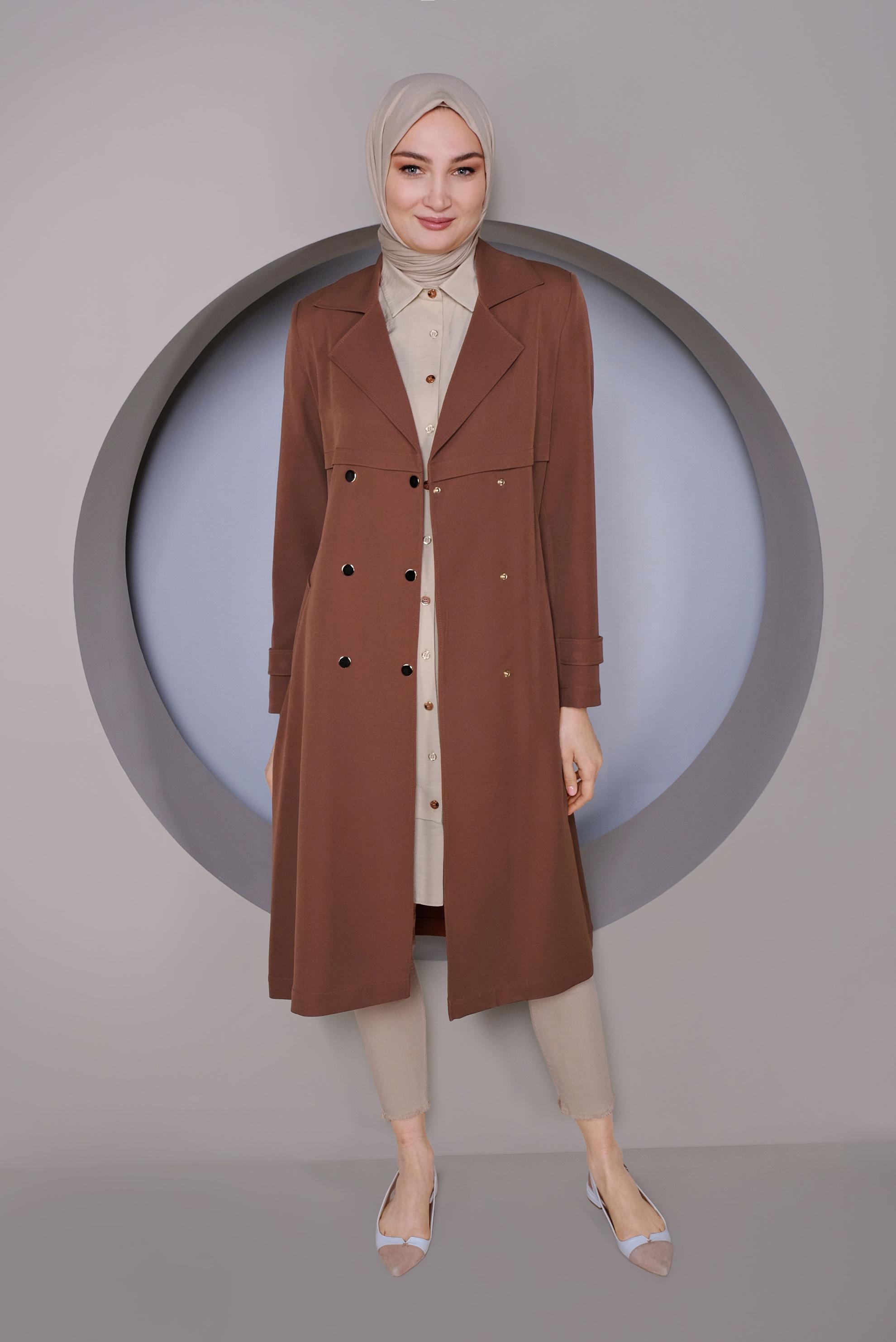 Tesettür giyim KAHVE ÇITÇITLI KEMERLİ TRENÇKOT 10322