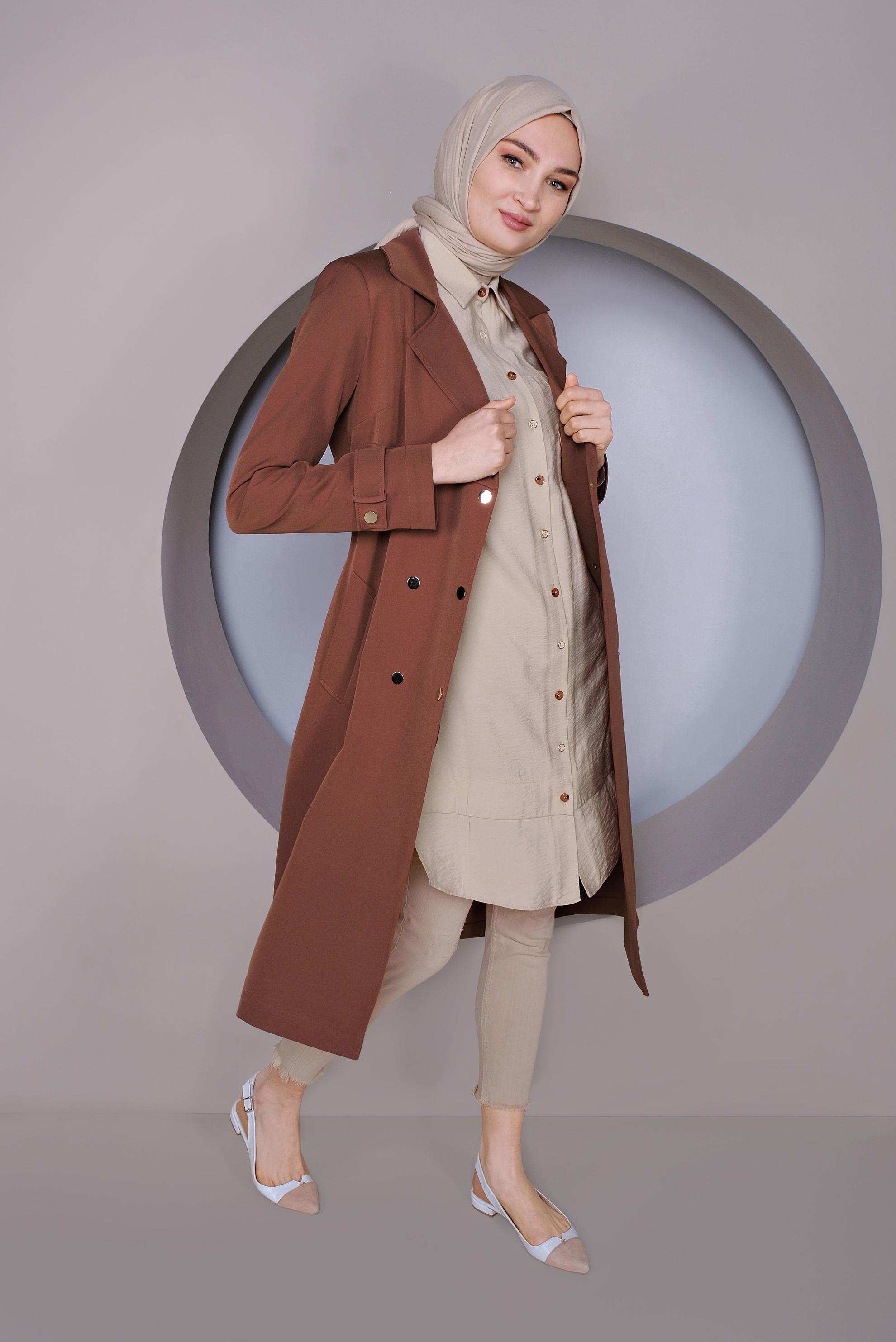 Tesettür giyim KAHVE ÇITÇITLI KEMERLİ TRENÇKOT 10322