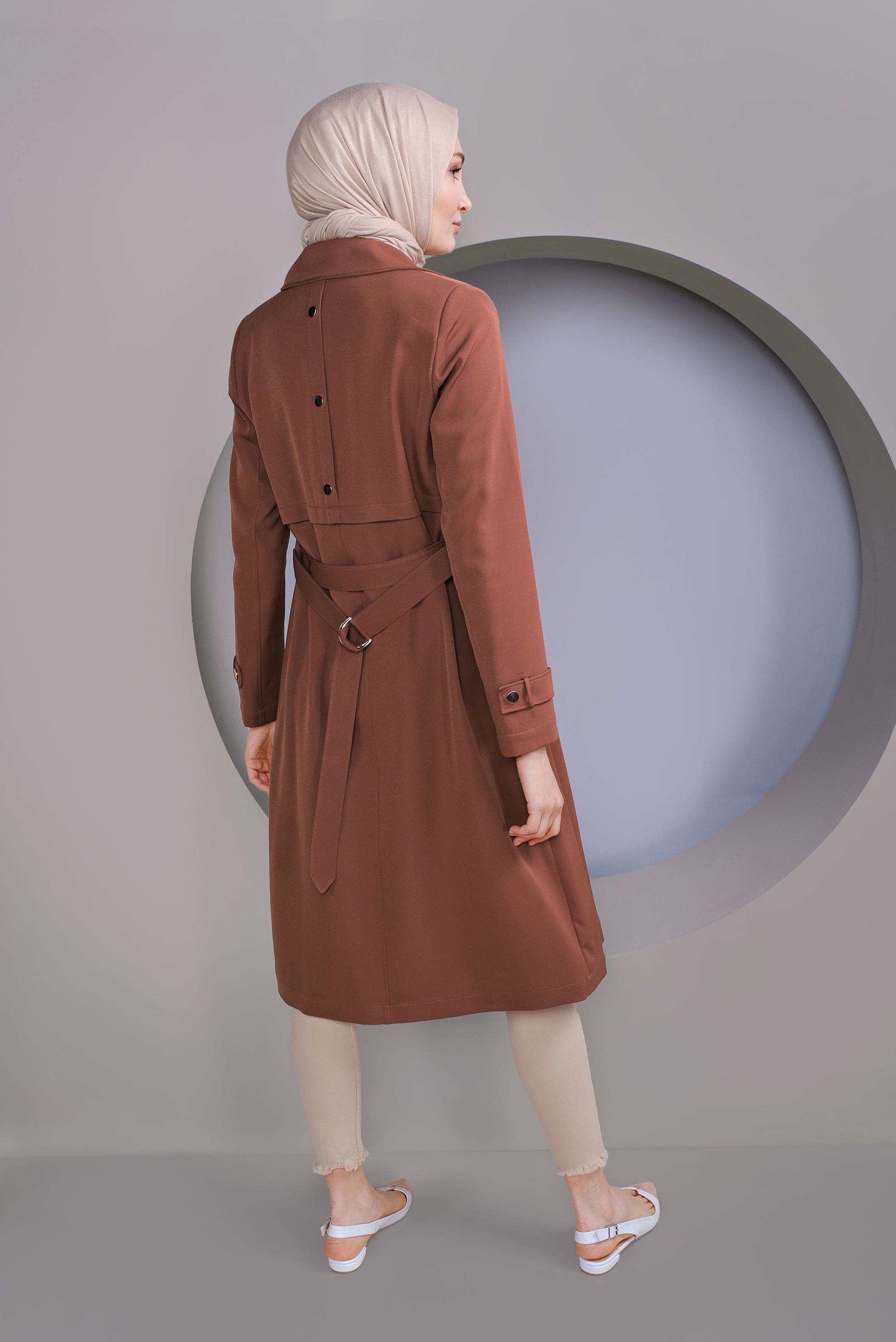 Tesettür giyim KAHVE ÇITÇITLI KEMERLİ TRENÇKOT 10322