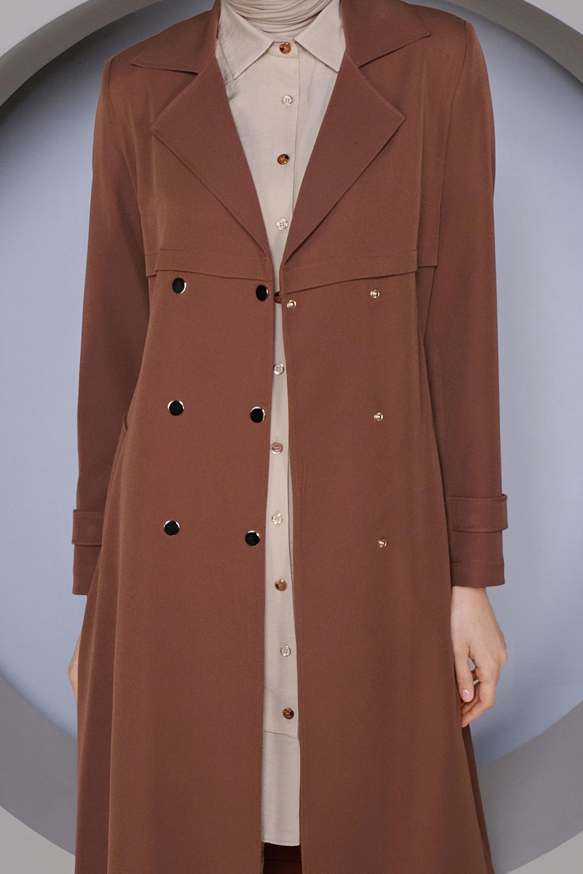 Tesettür giyim KAHVE ÇITÇITLI KEMERLİ TRENÇKOT 10322