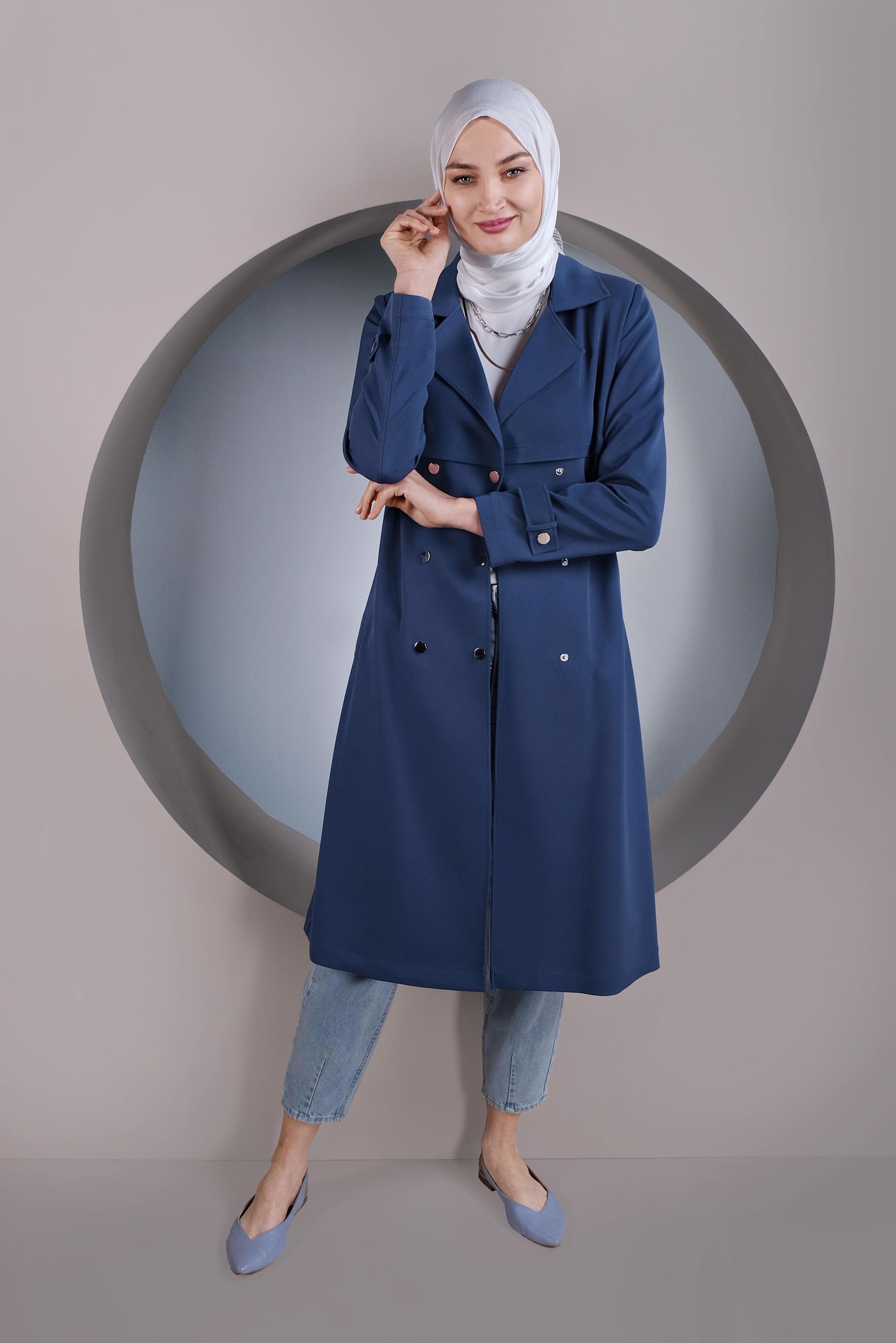 Tesettür giyim LACİVERT ÇITÇITLI KEMERLİ TRENÇKOT 10322