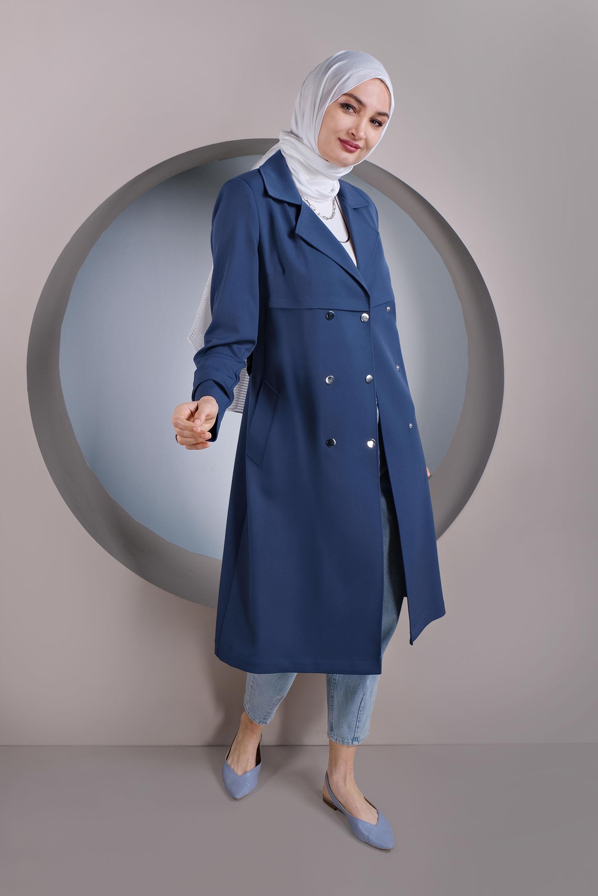 Tesettür giyim LACİVERT ÇITÇITLI KEMERLİ TRENÇKOT 10322