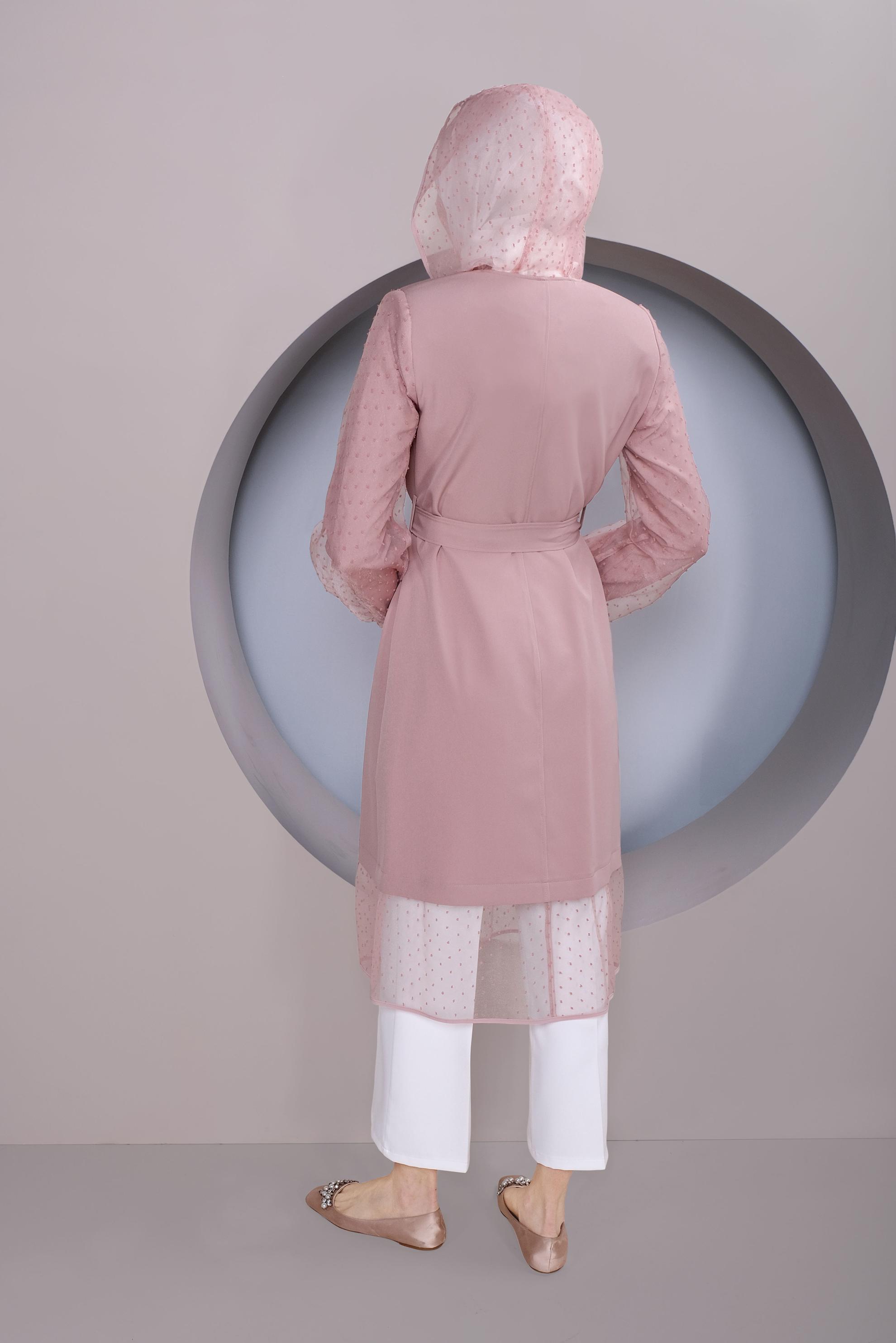 Tesettür giyim PUDRA TÜL DETAYLI KAPÜŞONLU TRENÇKOT 10323