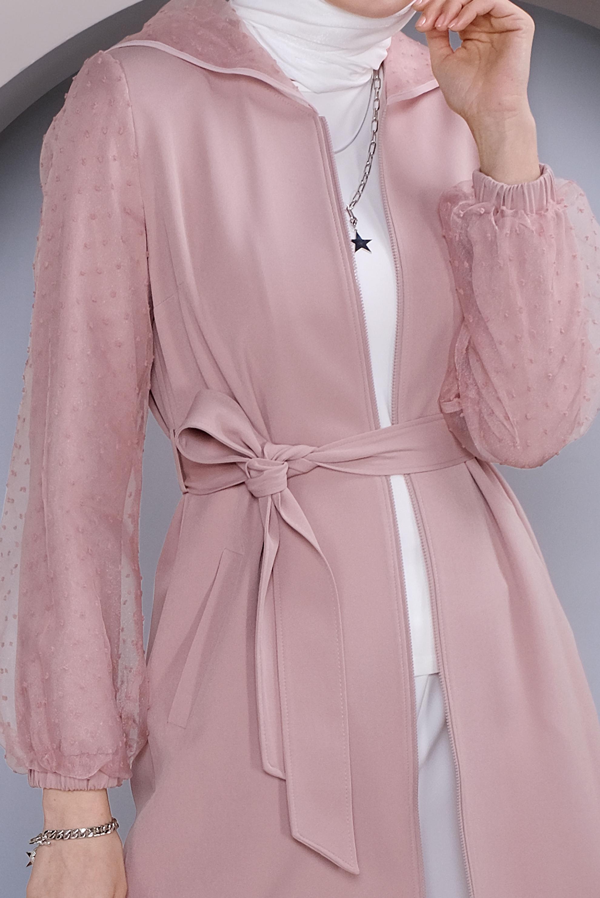 Tesettür giyim PUDRA TÜL DETAYLI KAPÜŞONLU TRENÇKOT 10323