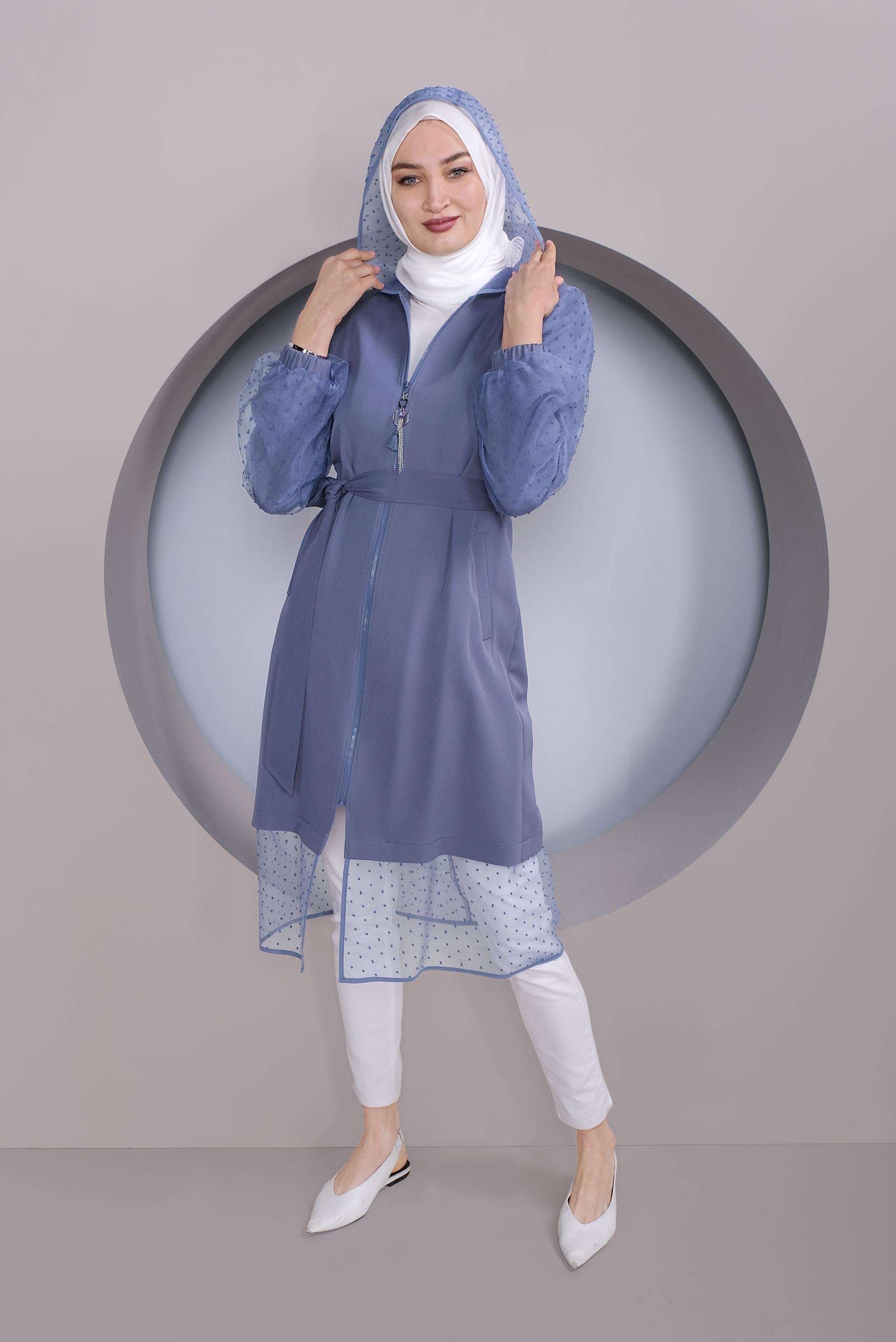 Tesettür giyim LACİVERT TÜL DETAYLI KAPÜŞONLU TRENÇKOT 10323