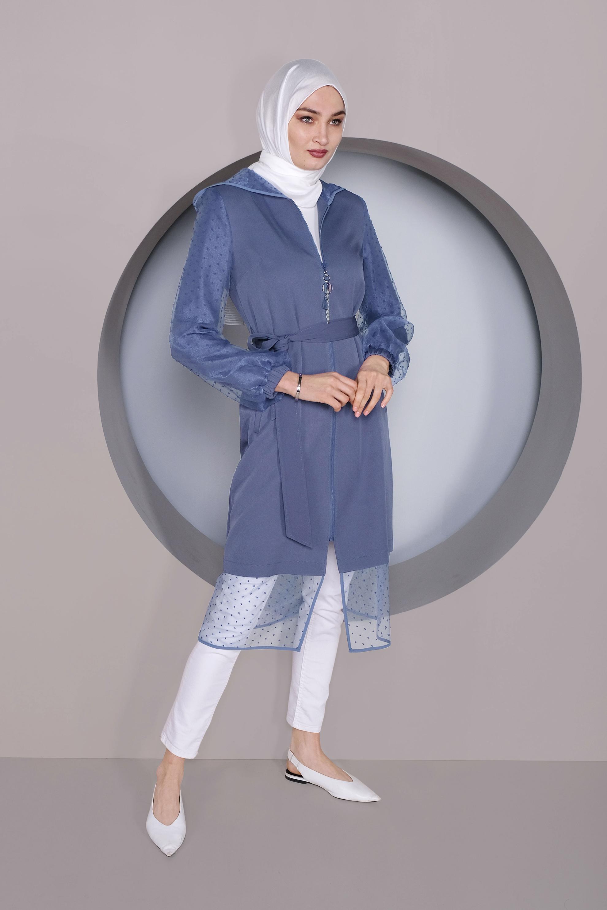 Tesettür giyim LACİVERT TÜL DETAYLI KAPÜŞONLU TRENÇKOT 10323