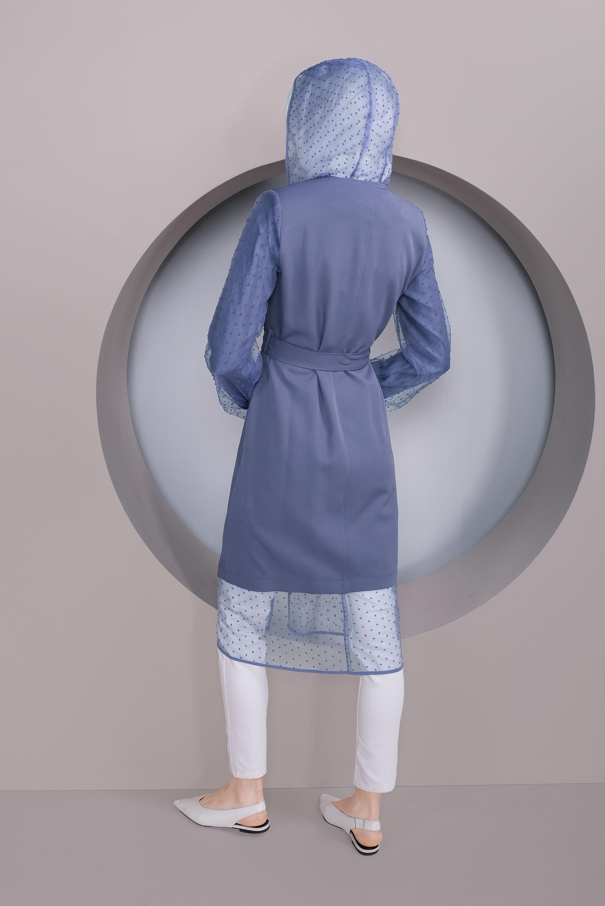 Tesettür giyim LACİVERT TÜL DETAYLI KAPÜŞONLU TRENÇKOT 10323