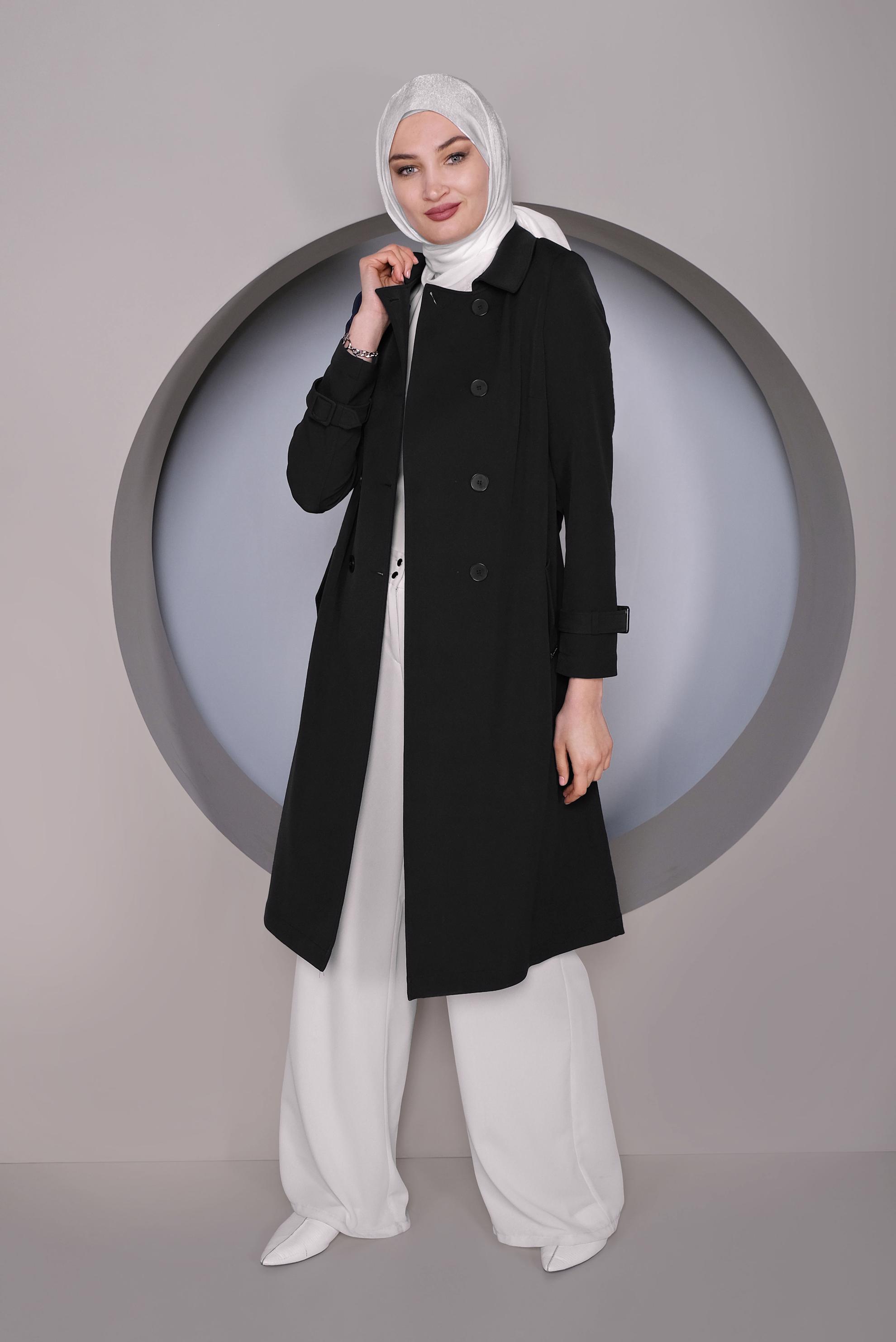 Tesettür giyim SİYAH DÜĞMELİ TRENÇKOT 10324