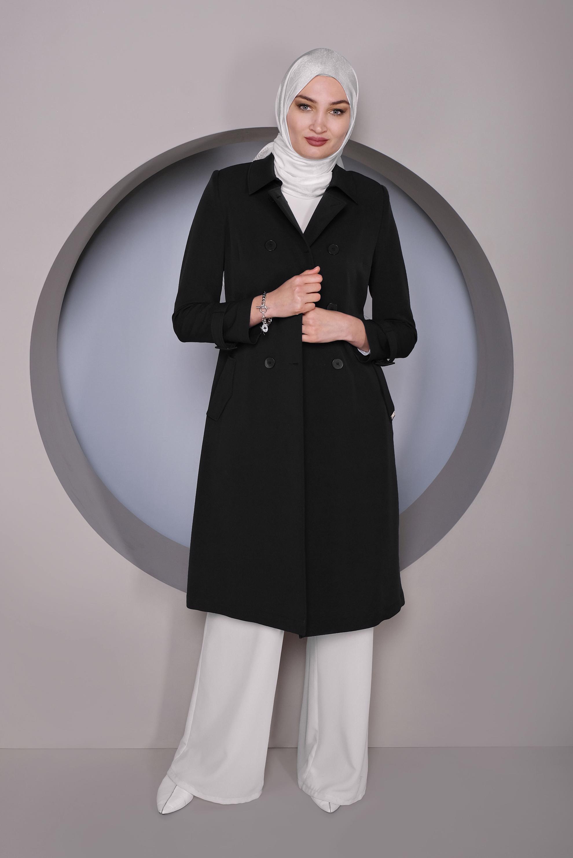 Tesettür giyim SİYAH DÜĞMELİ TRENÇKOT 10324