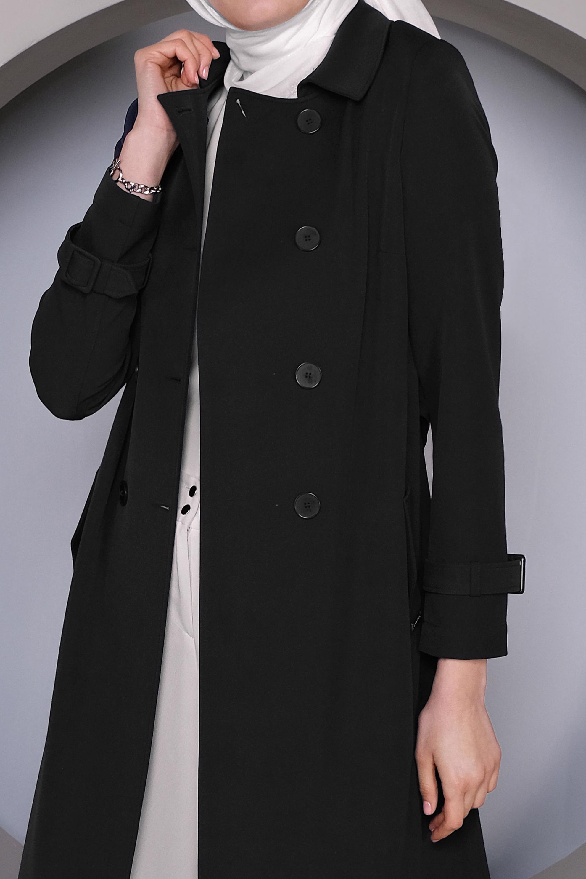 Tesettür giyim SİYAH DÜĞMELİ TRENÇKOT 10324