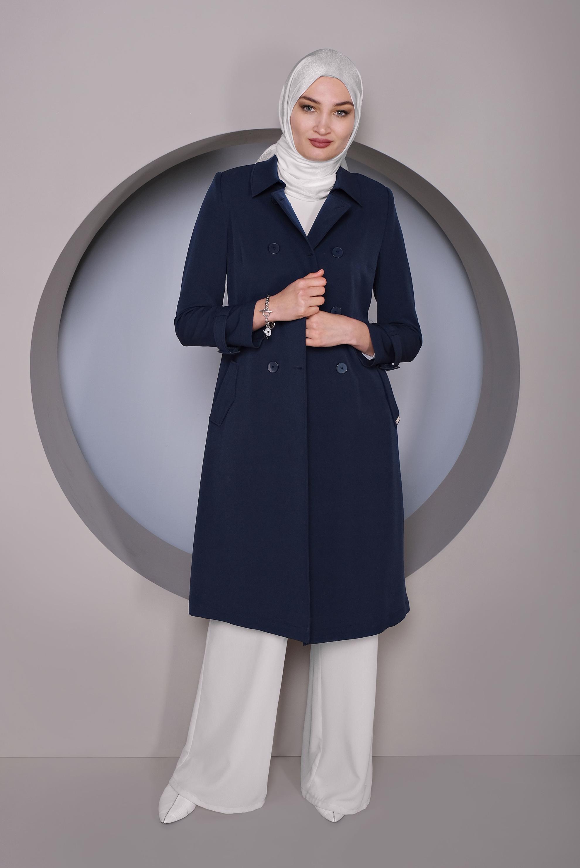 Tesettür giyim LACİVERT DÜĞMELİ TRENÇKOT 10324