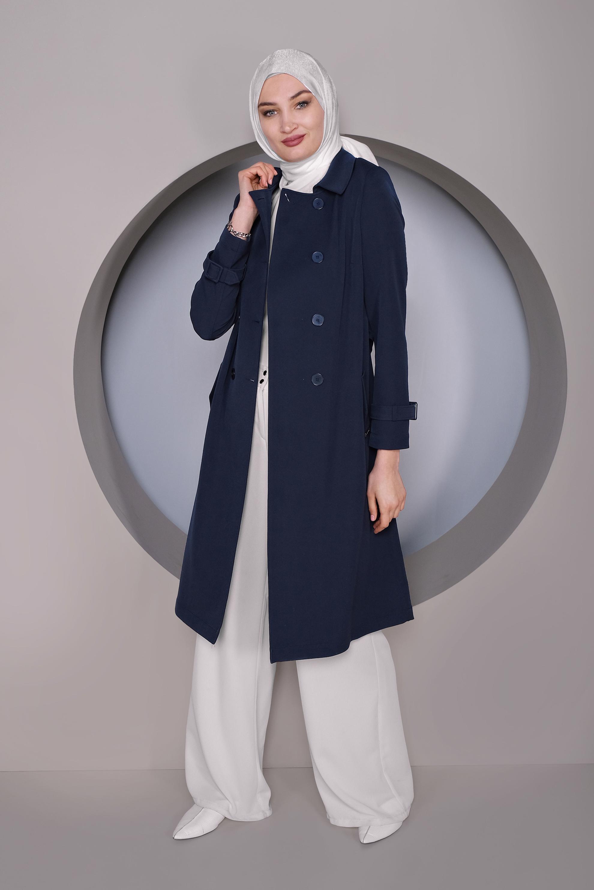 Tesettür giyim LACİVERT DÜĞMELİ TRENÇKOT 10324