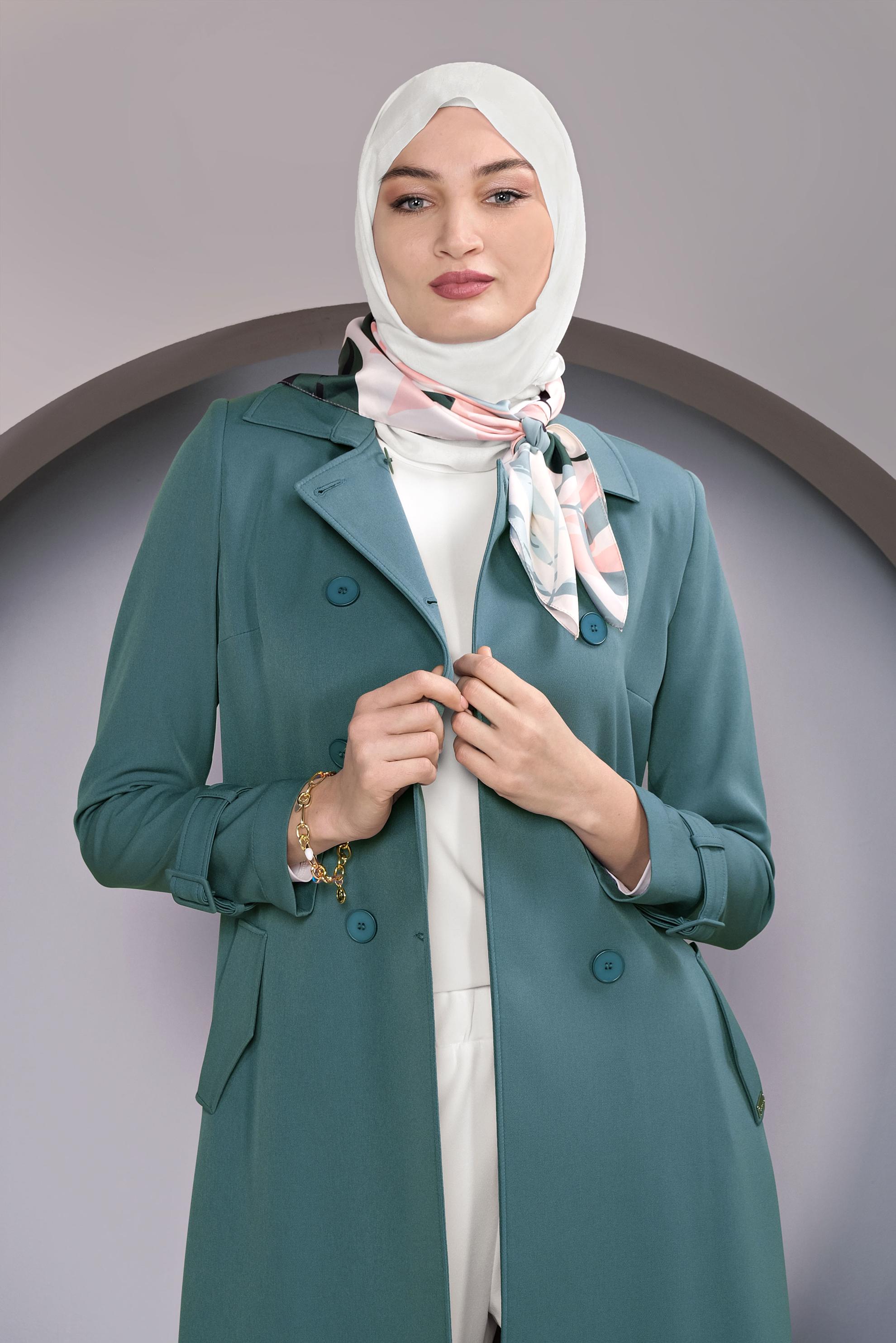 Tesettür giyim MAVİ DÜĞMELİ TRENÇKOT 10324