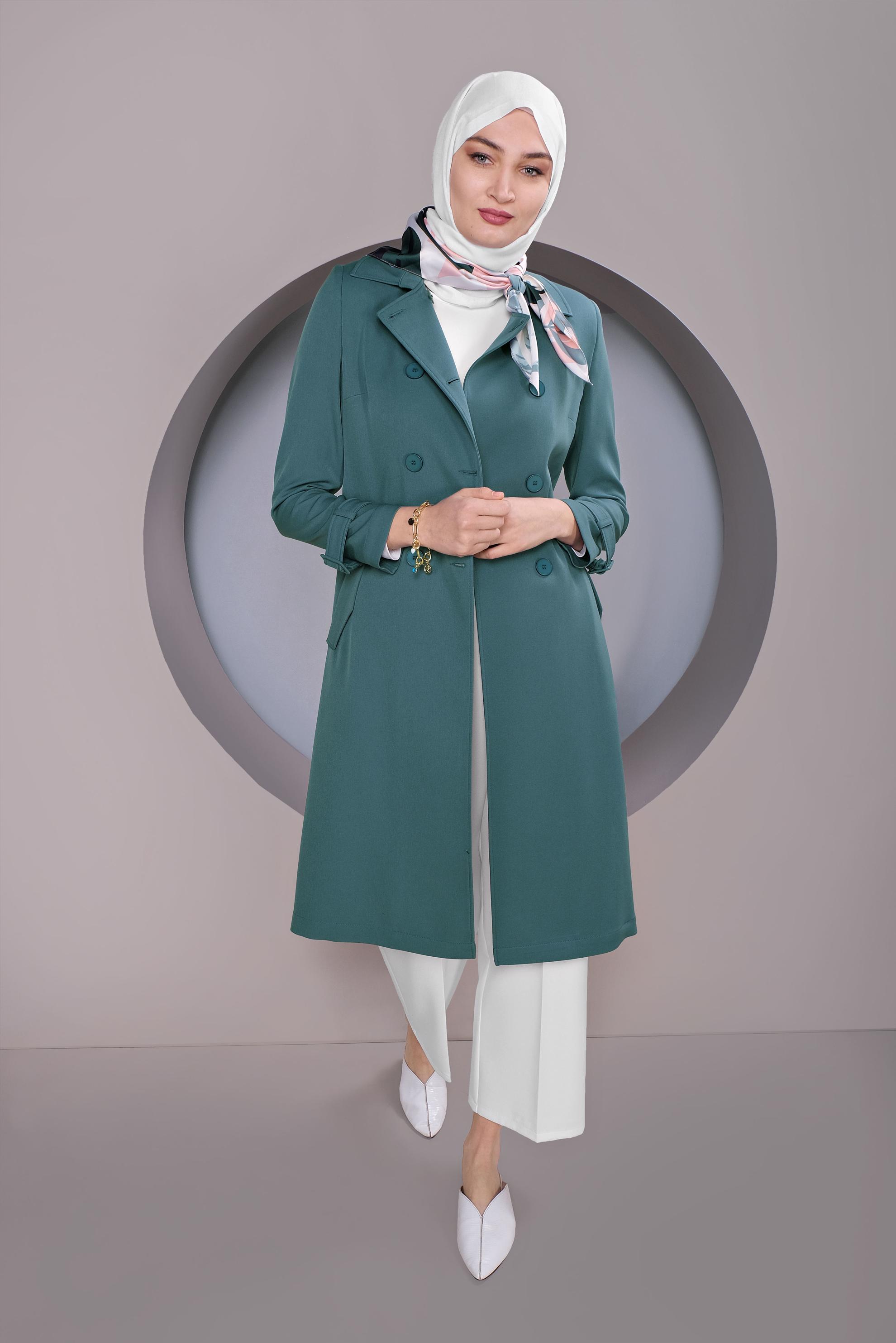 Tesettür giyim MAVİ DÜĞMELİ TRENÇKOT 10324