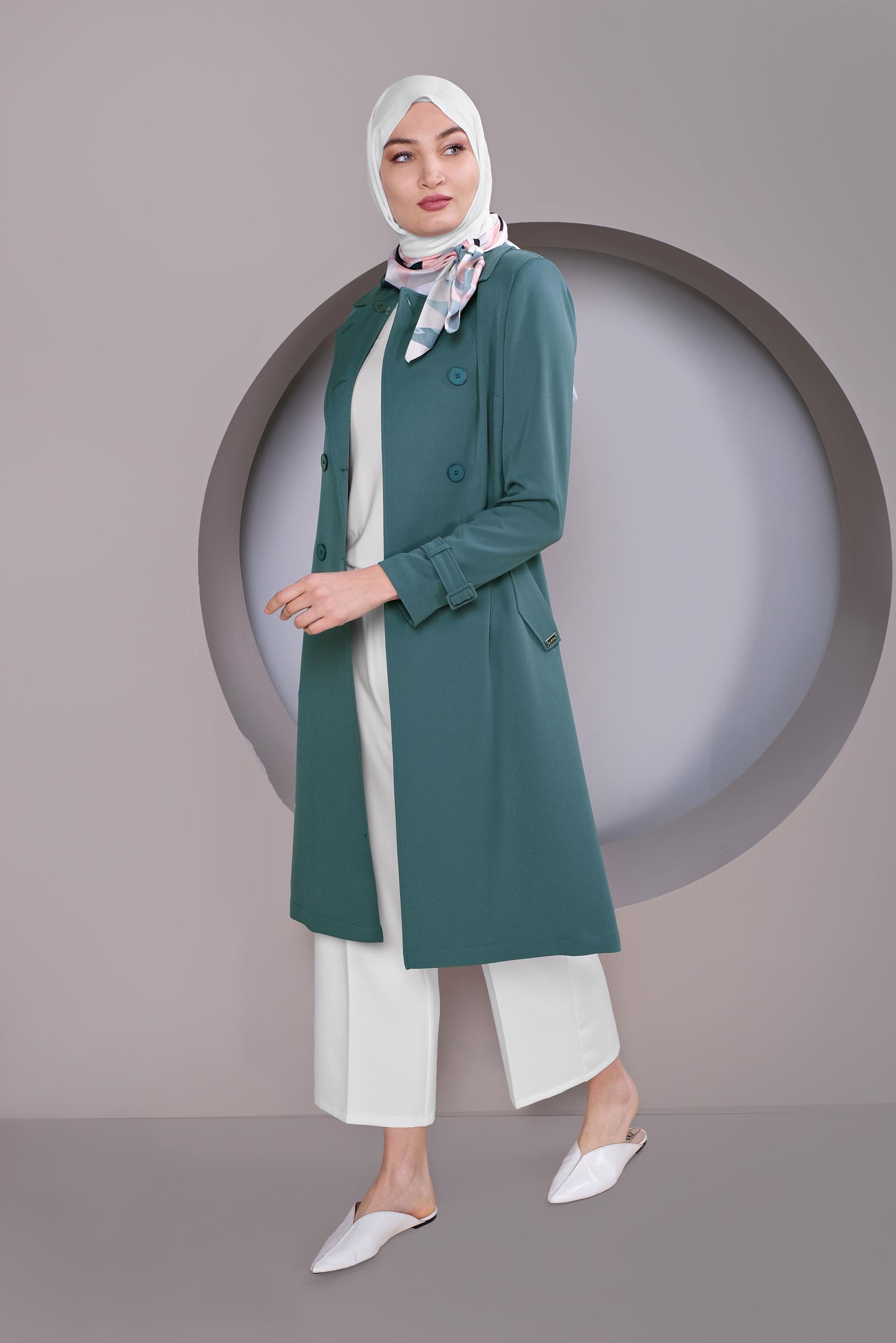 Tesettür giyim MAVİ DÜĞMELİ TRENÇKOT 10324