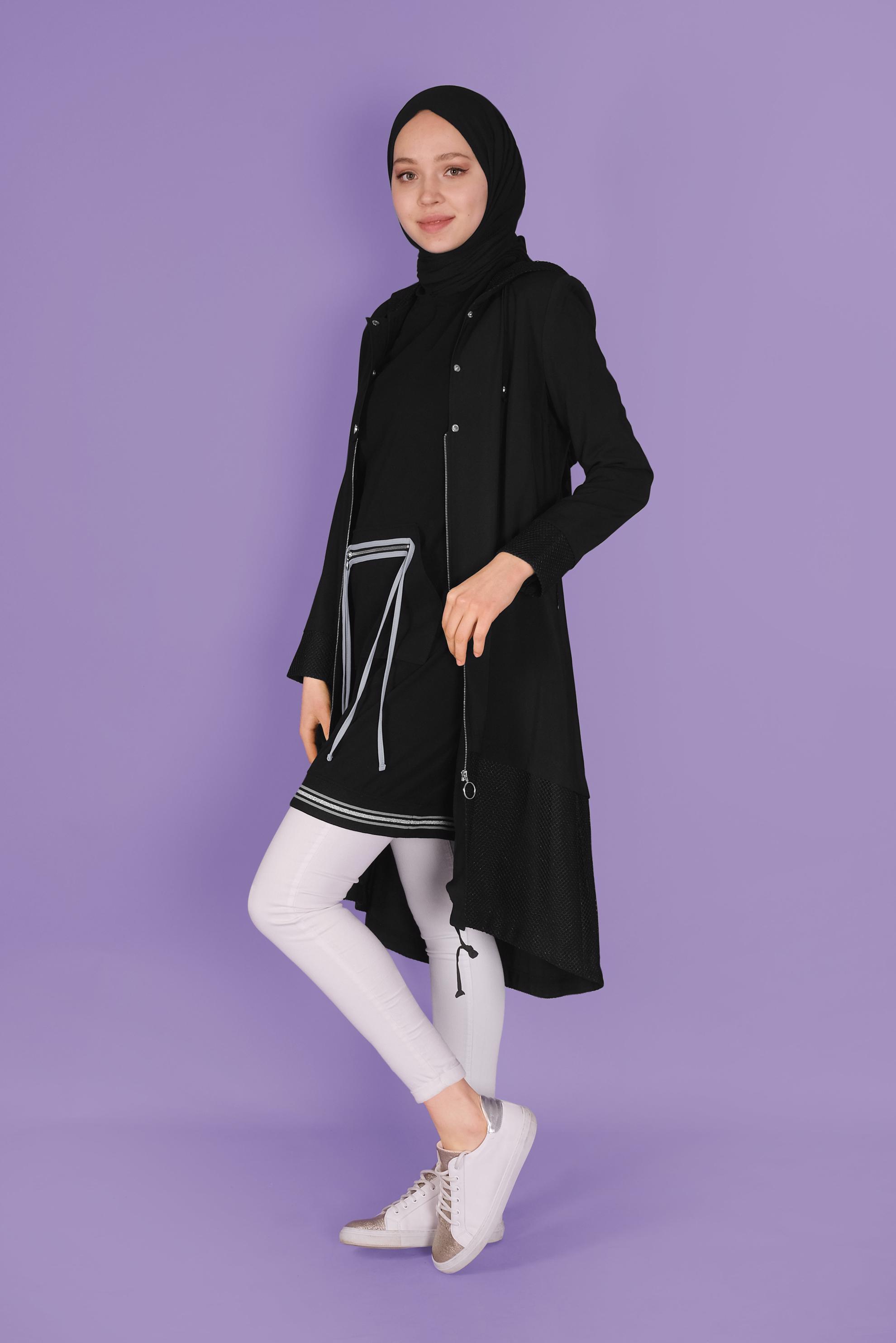 Tesettür giyim SİYAH FİLE DETAYLI FERMUARLI TRENÇKOT 10325 