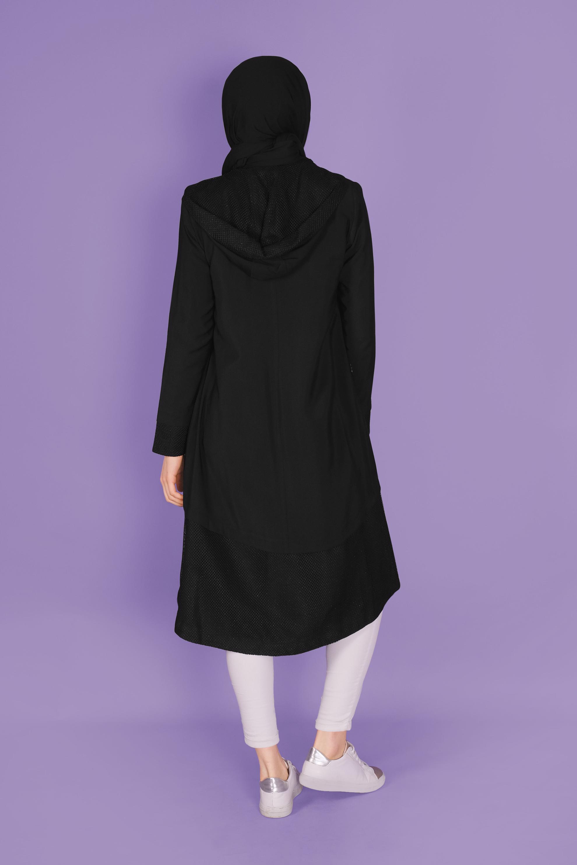 Tesettür giyim SİYAH FİLE DETAYLI FERMUARLI TRENÇKOT 10325 