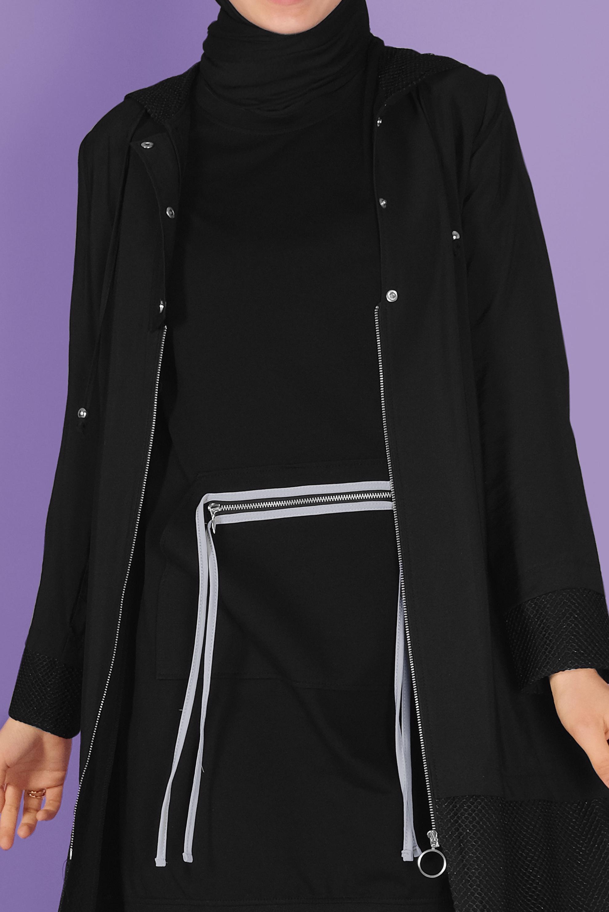 Tesettür giyim SİYAH FİLE DETAYLI FERMUARLI TRENÇKOT 10325 