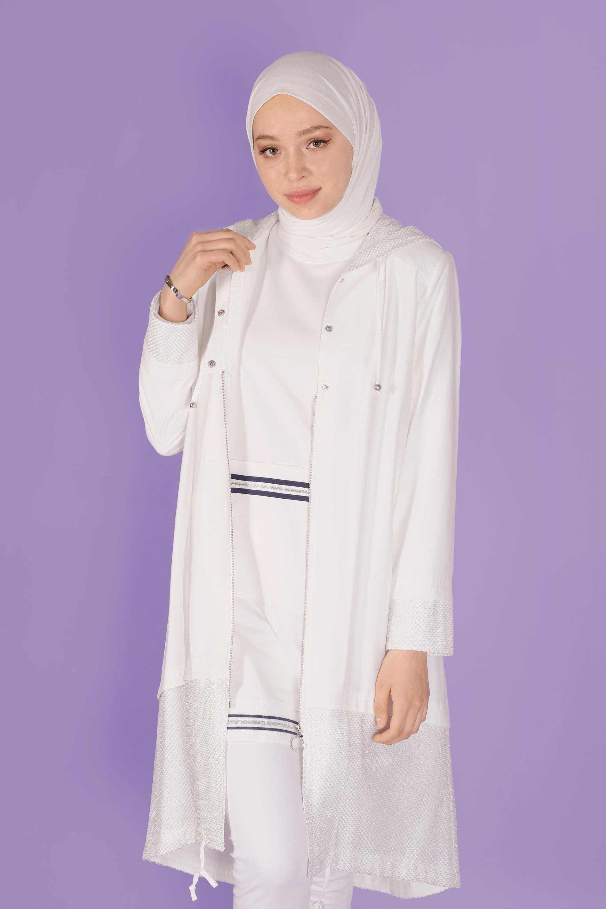 Tesettür giyim BEYAZ FİLE DETAYLI FERMUARLI TRENÇKOT 10325 