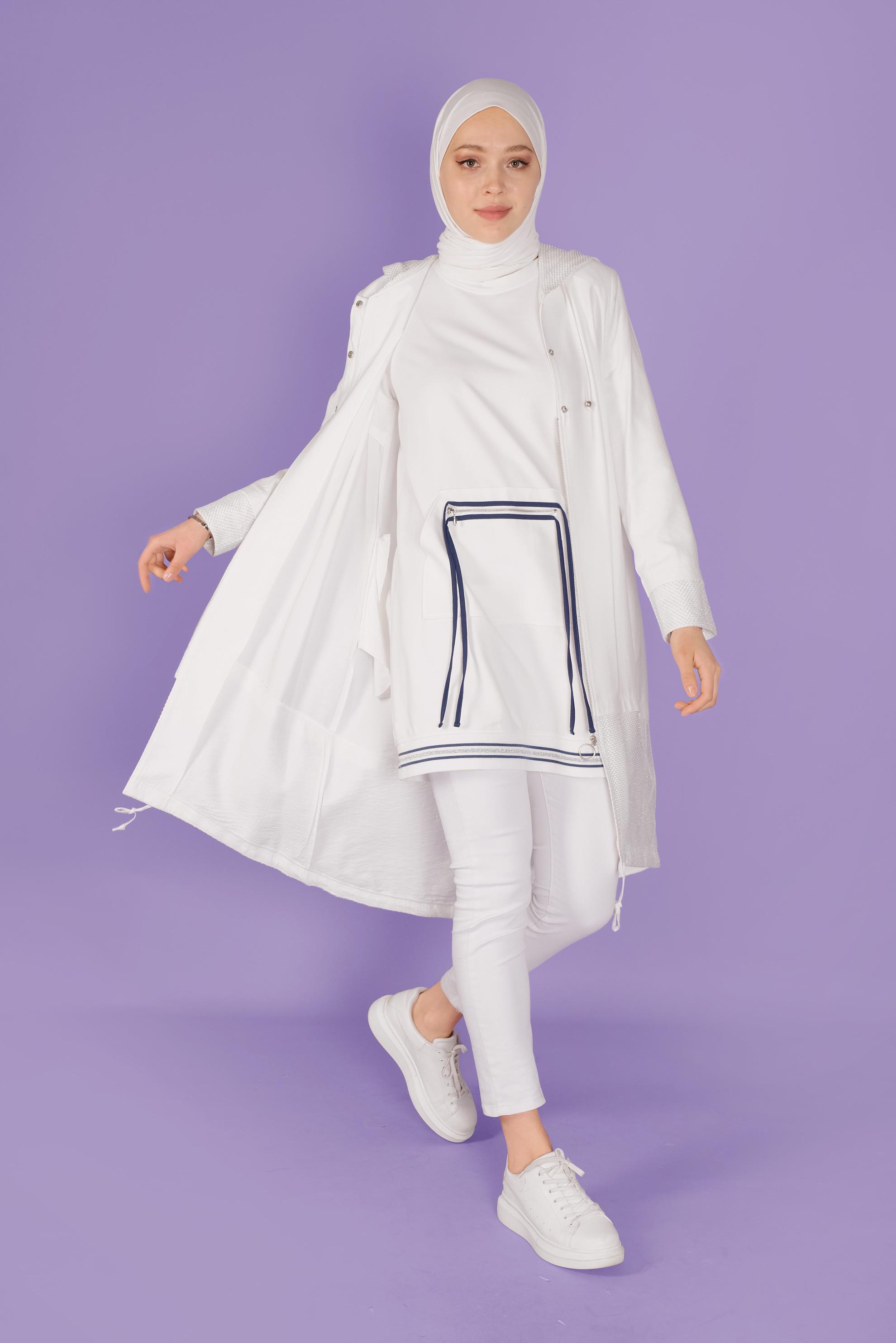 Tesettür giyim BEYAZ FİLE DETAYLI FERMUARLI TRENÇKOT 10325 