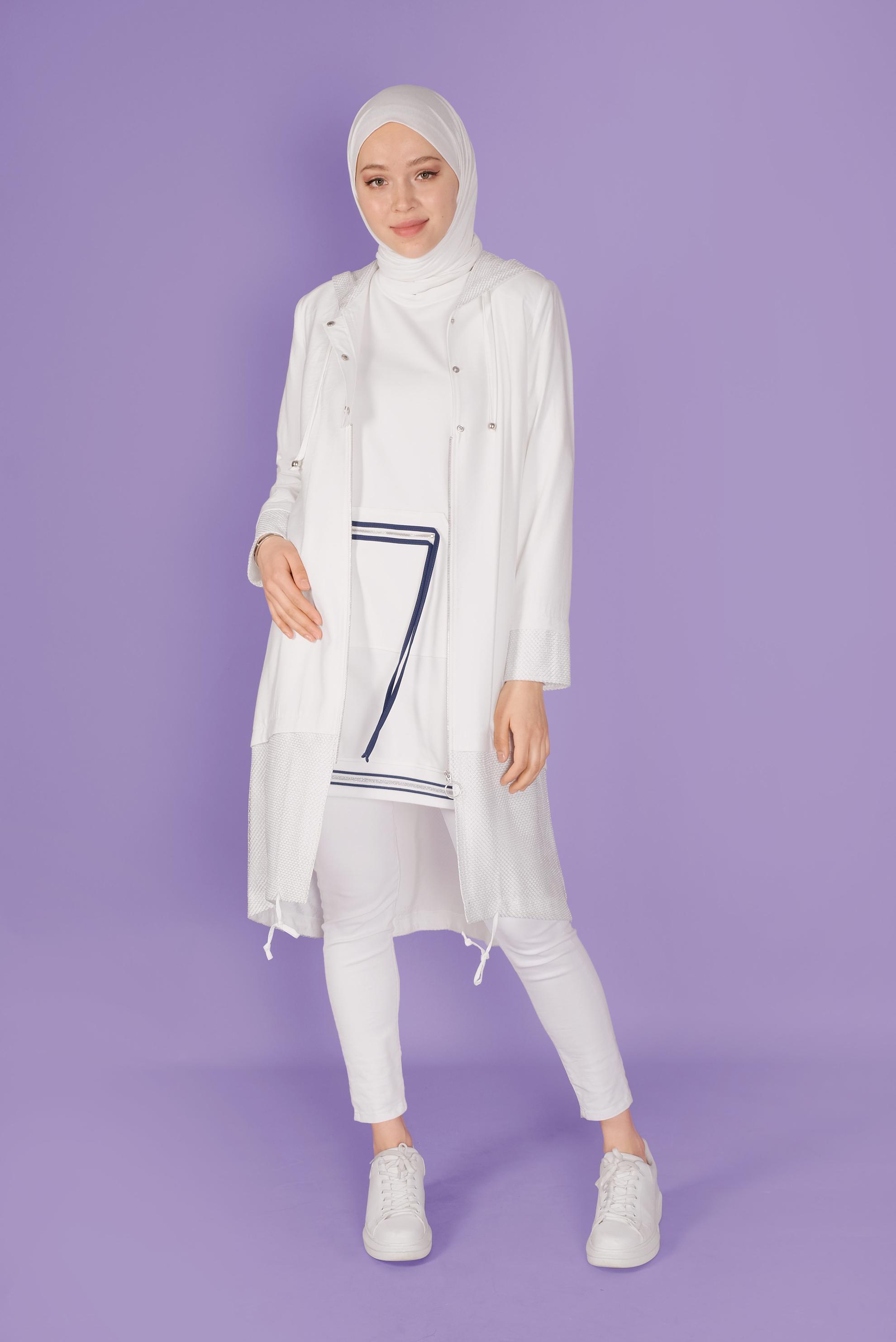 Tesettür giyim BEYAZ FİLE DETAYLI FERMUARLI TRENÇKOT 10325 