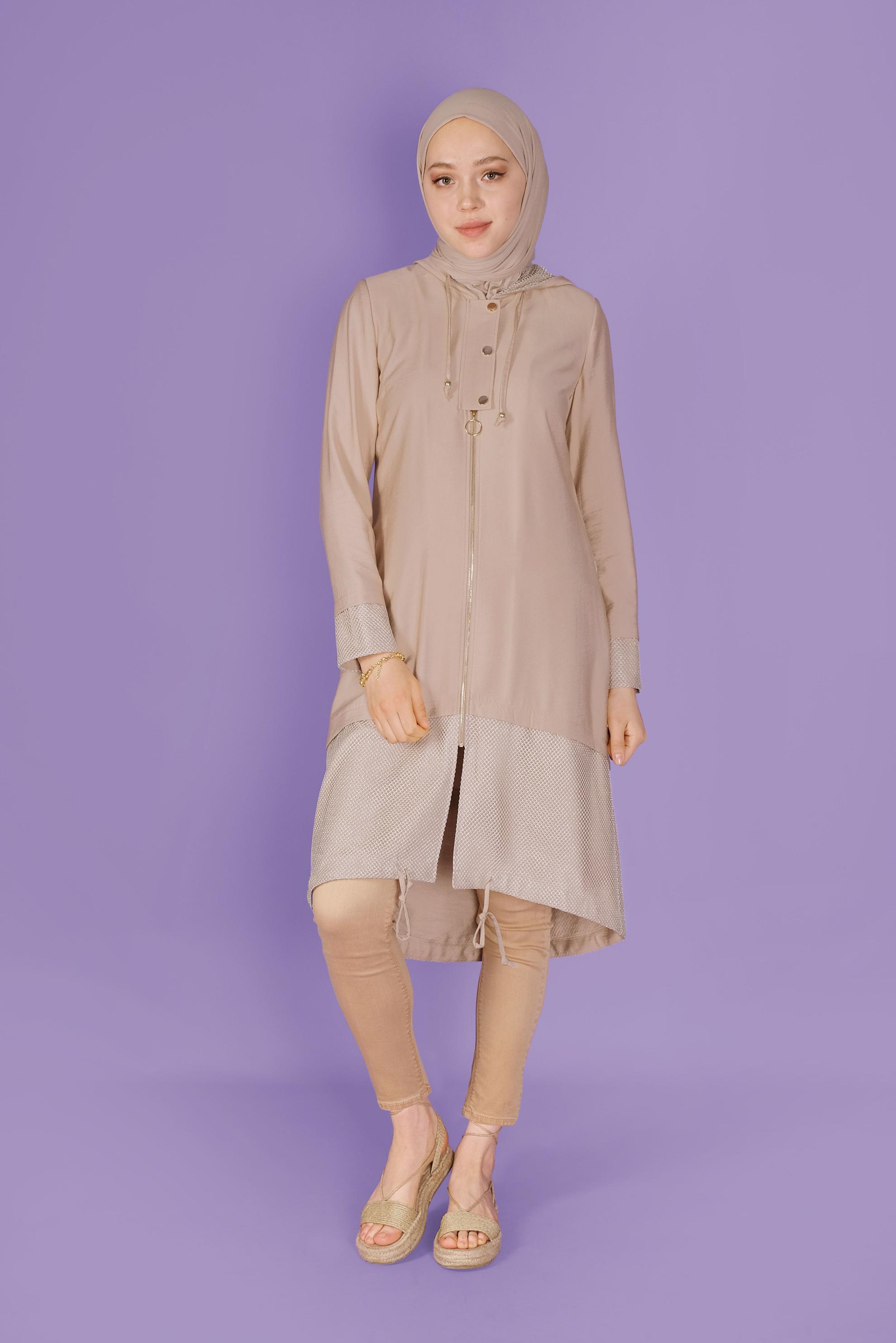 Tesettür giyim BEJ FİLE DETAYLI FERMUARLI TRENÇKOT 10325 