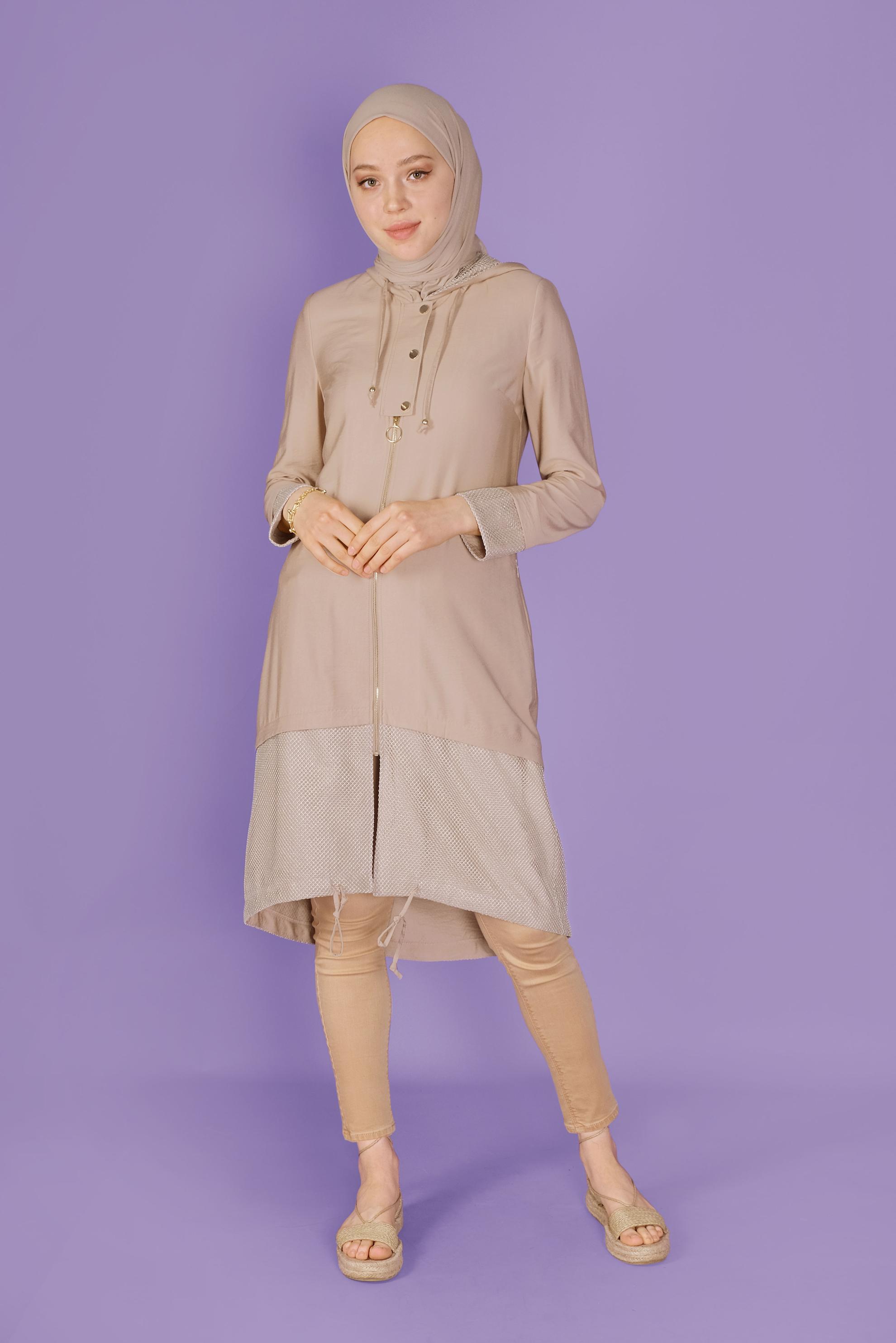 Tesettür giyim BEJ FİLE DETAYLI FERMUARLI TRENÇKOT 10325 