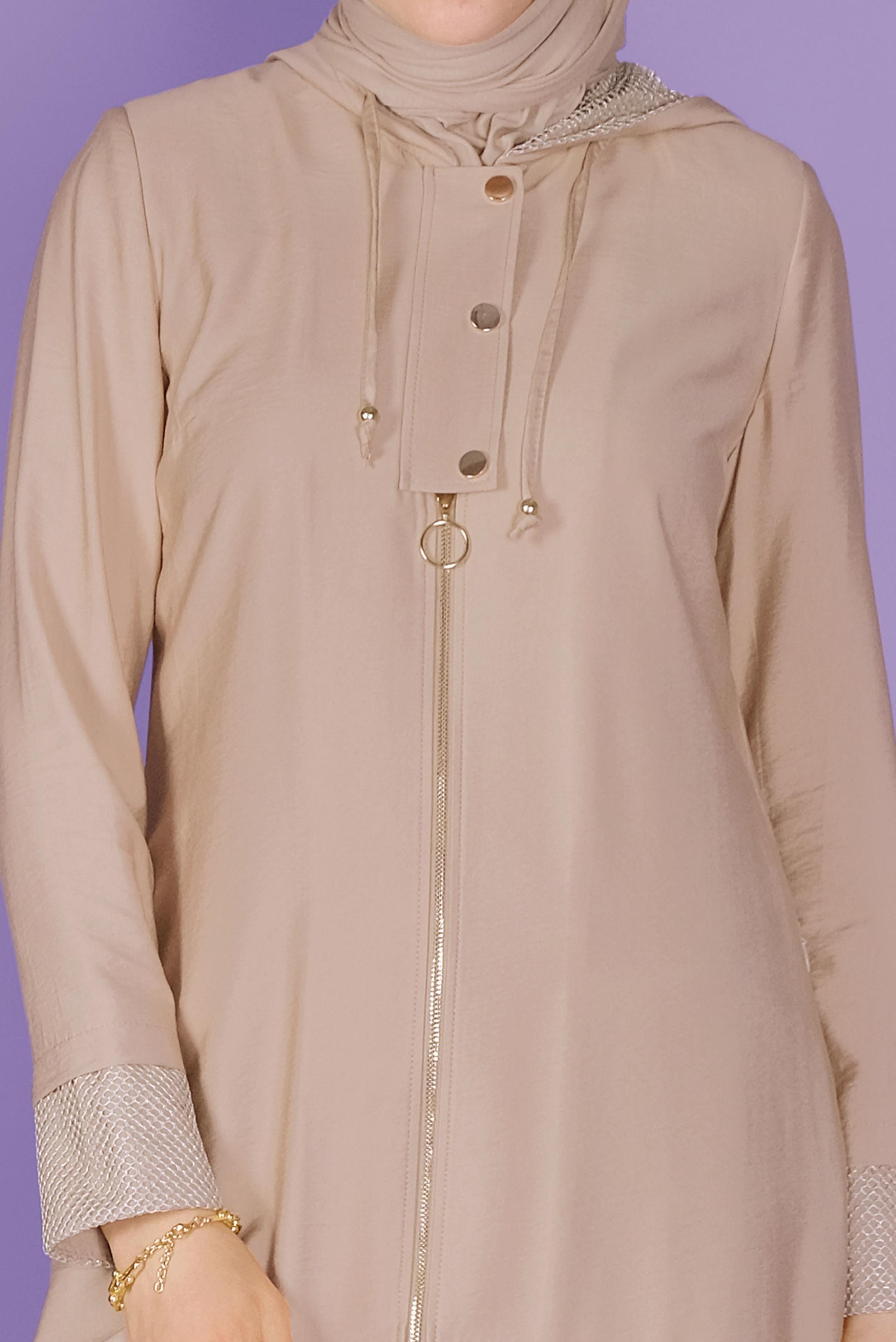 Tesettür giyim BEJ FİLE DETAYLI FERMUARLI TRENÇKOT 10325 