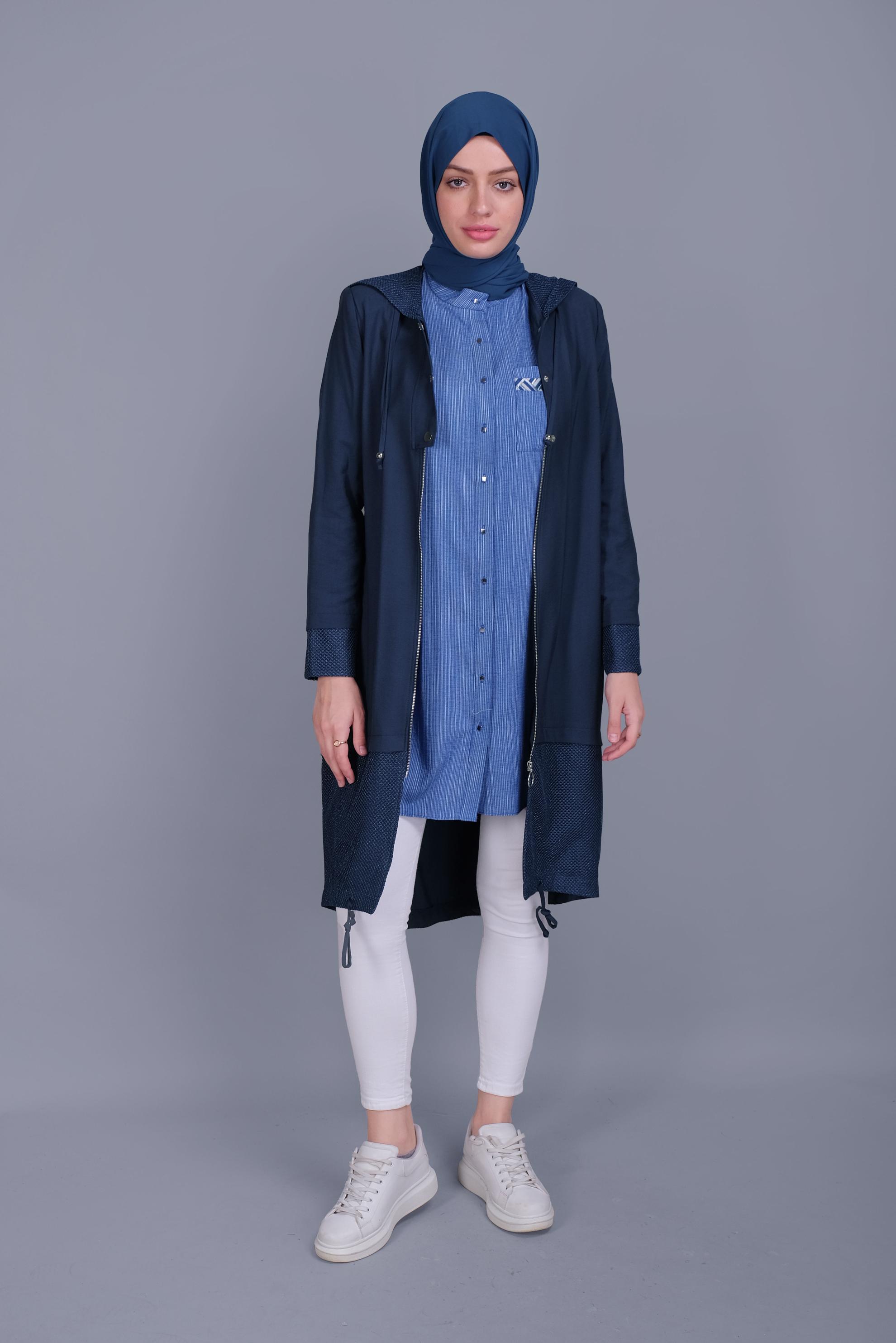 Tesettür giyim LACİVERT FİLE DETAYLI FERMUARLI TRENÇKOT 10325 