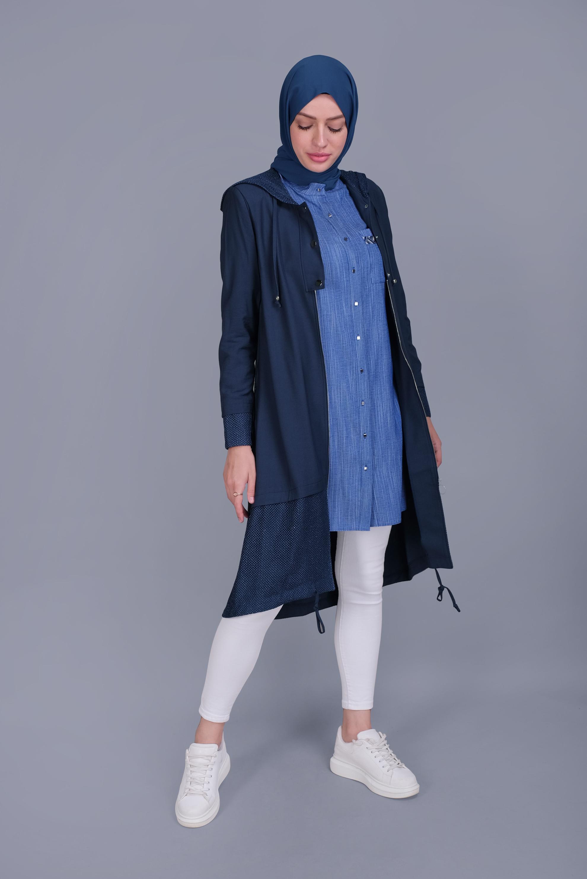 Tesettür giyim LACİVERT FİLE DETAYLI FERMUARLI TRENÇKOT 10325 