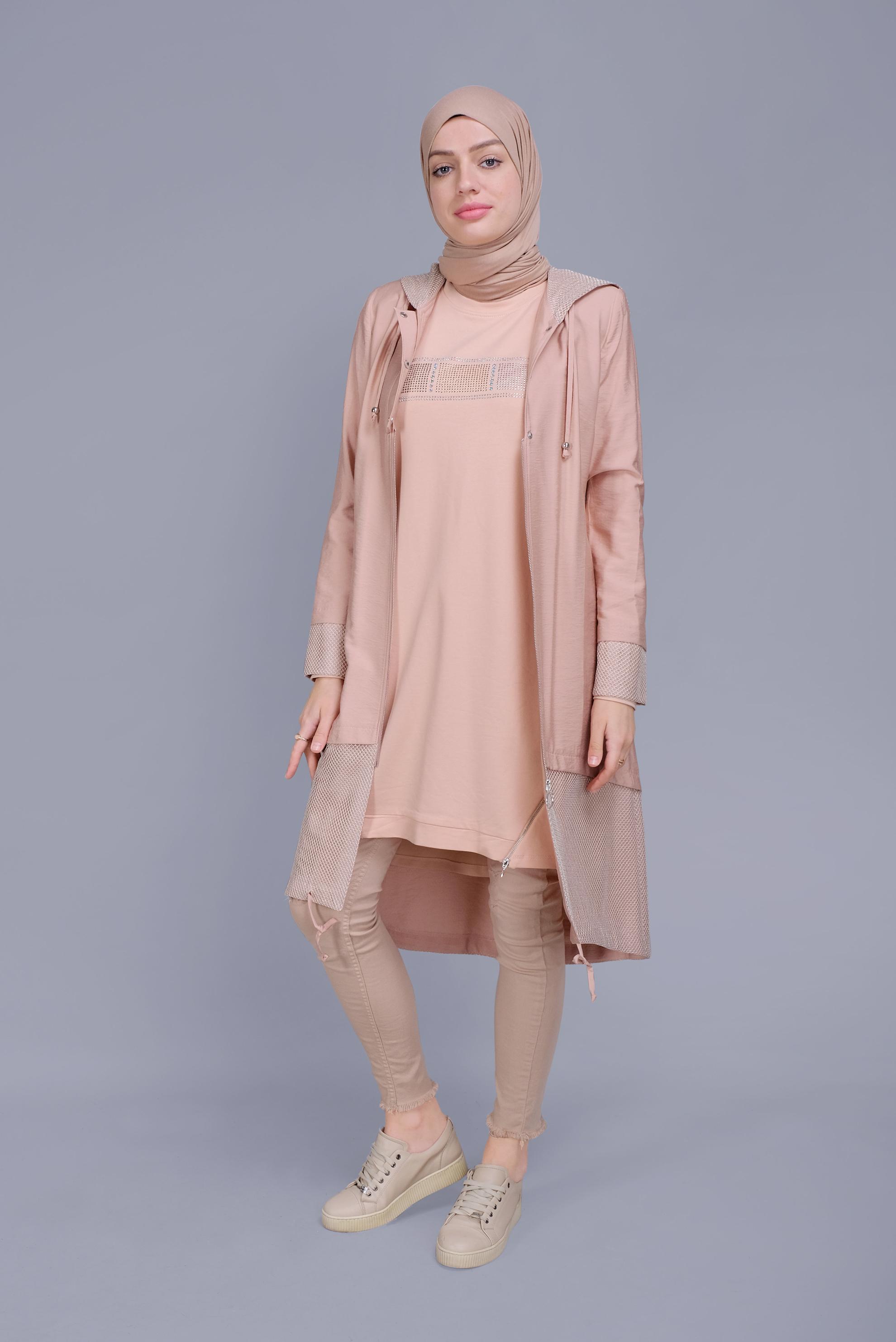 Tesettür giyim PUDRA FİLE DETAYLI FERMUARLI TRENÇKOT 10325 