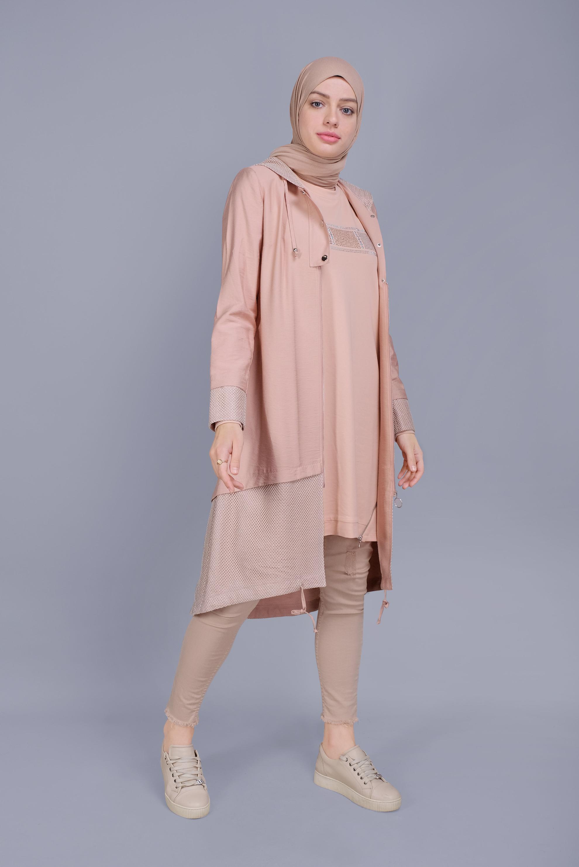 Tesettür giyim PUDRA FİLE DETAYLI FERMUARLI TRENÇKOT 10325 