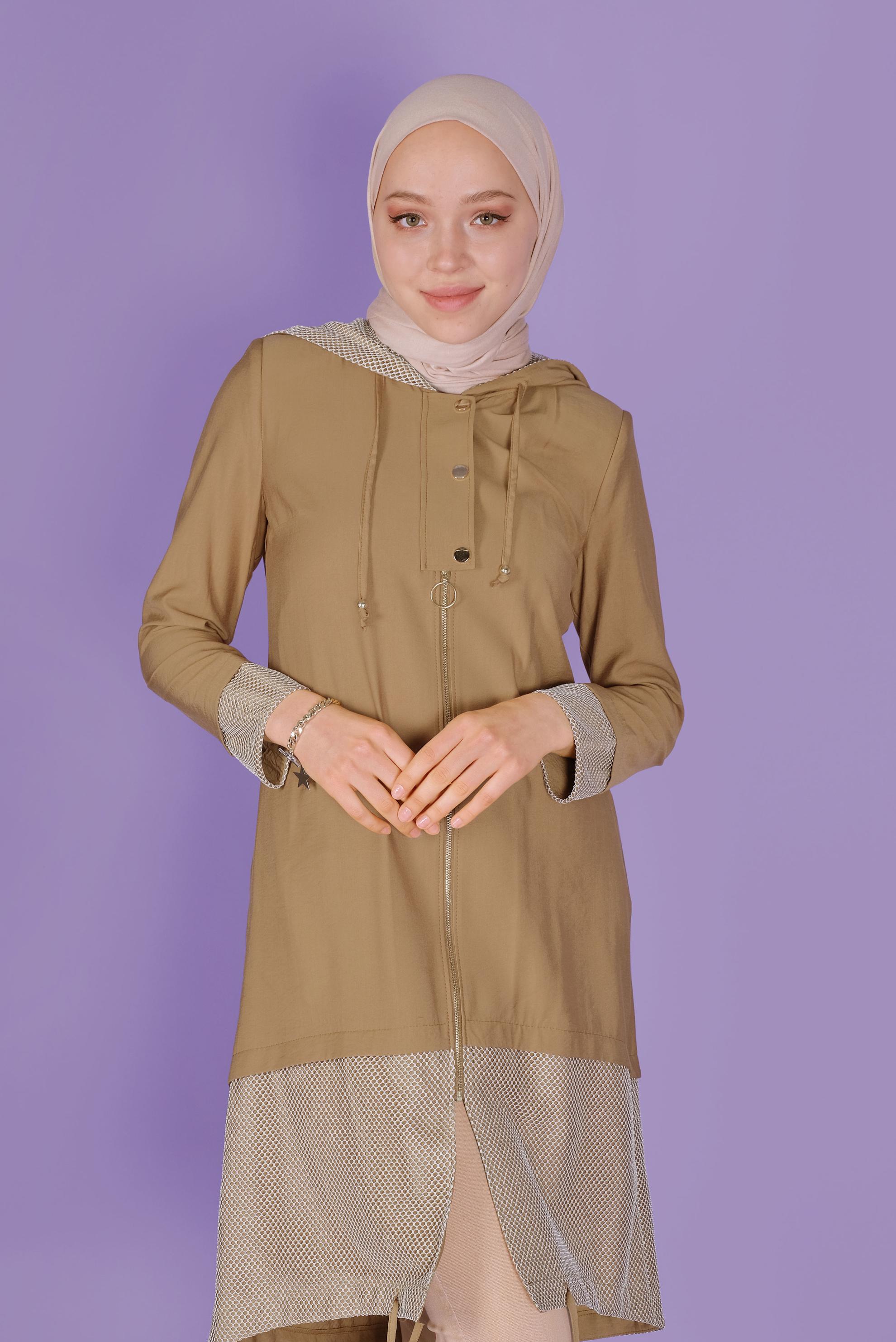 Tesettür giyim TABA FİLE DETAYLI FERMUARLI TRENÇKOT 10325 