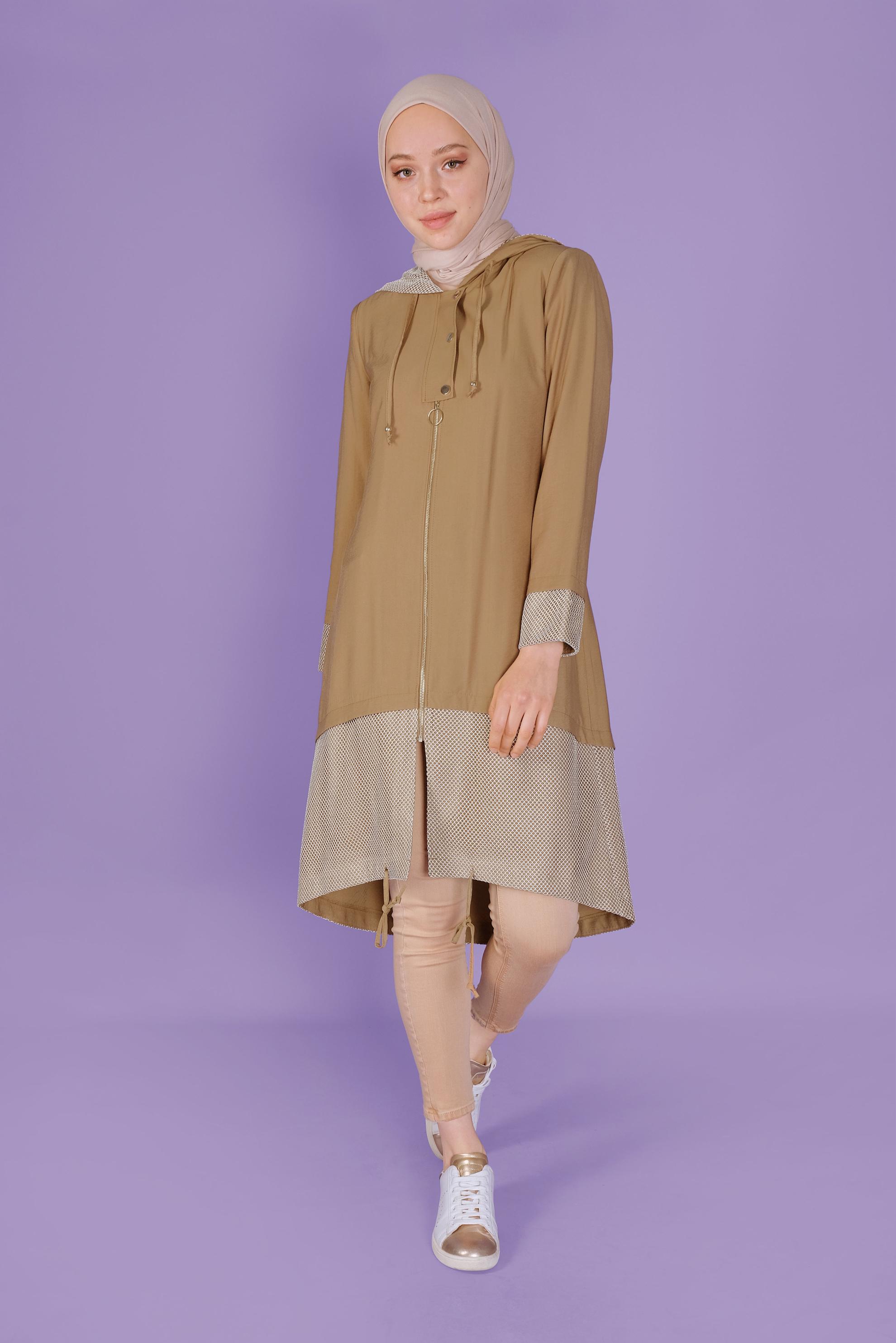 Tesettür giyim TABA FİLE DETAYLI FERMUARLI TRENÇKOT 10325 