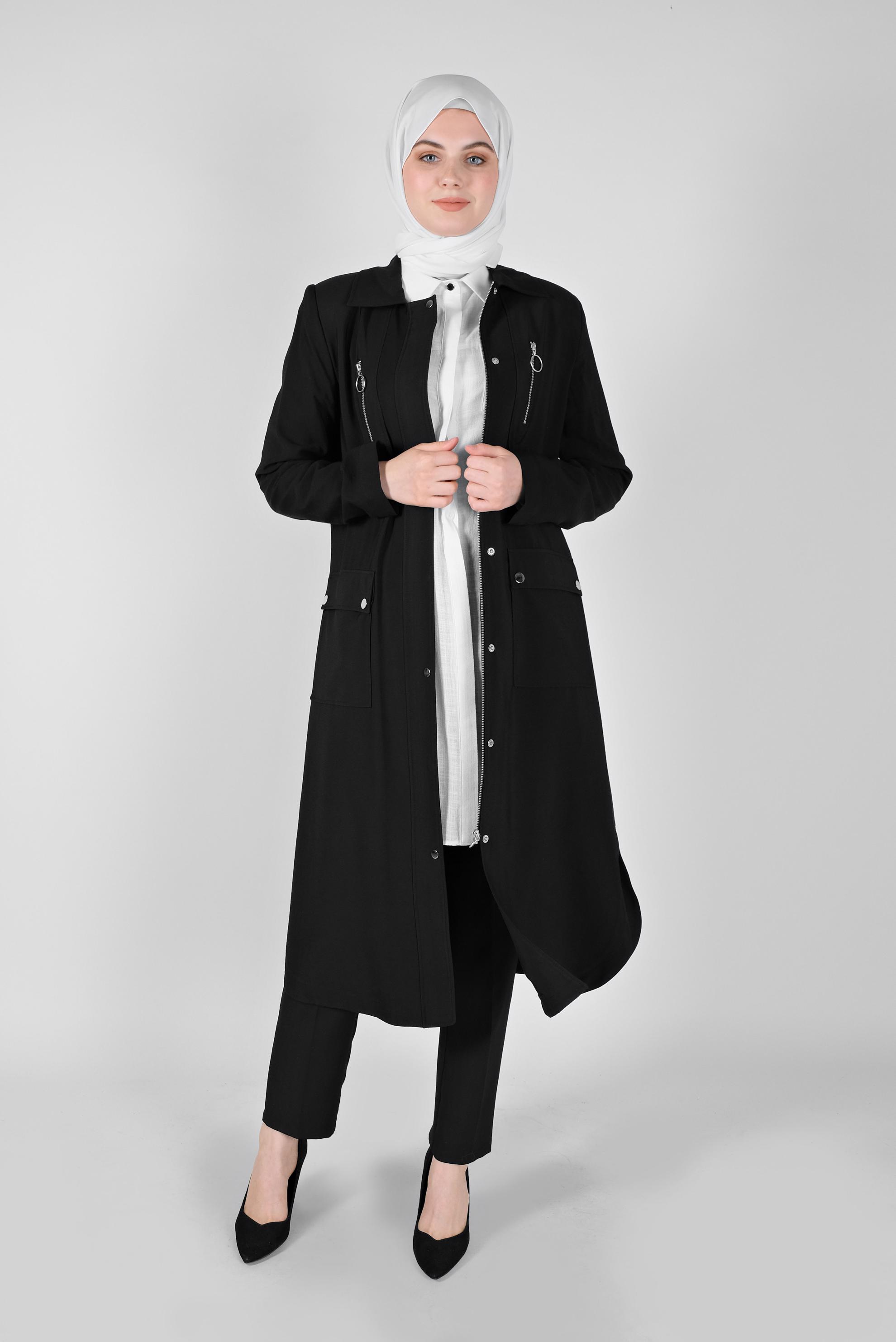 Tesettür giyim SİYAH FERMUARLI TRENÇKOT 10327