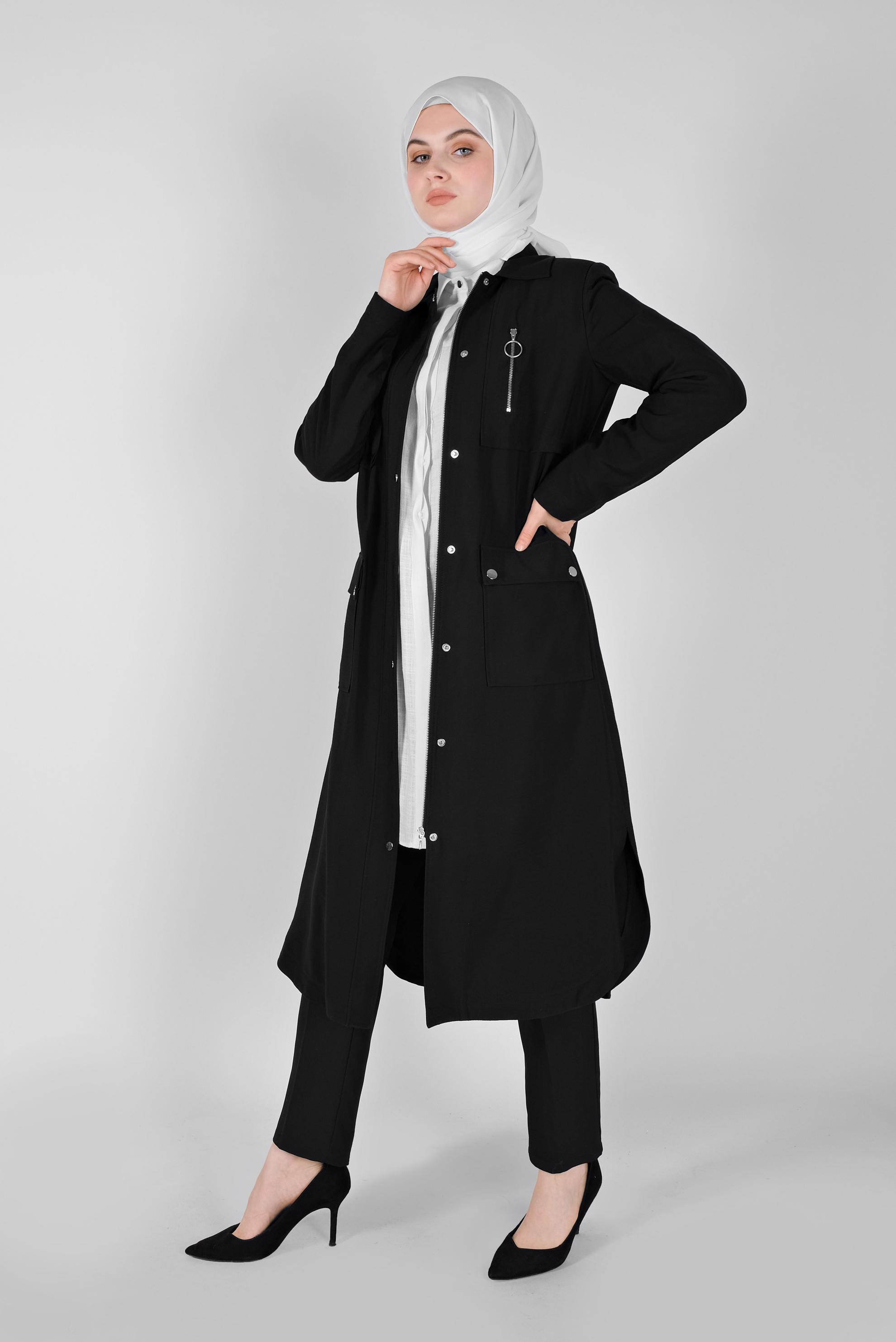 Tesettür giyim SİYAH FERMUARLI TRENÇKOT 10327